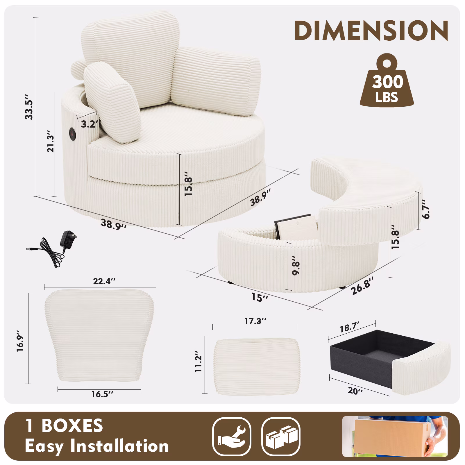 MEISSALIVVE Swivel Accent Chair with Half Moon Ottoman, Round Chairs with Drawer Storage for Living Room, 360° Barrel Chair with USB Charging Port (White Corduroy)