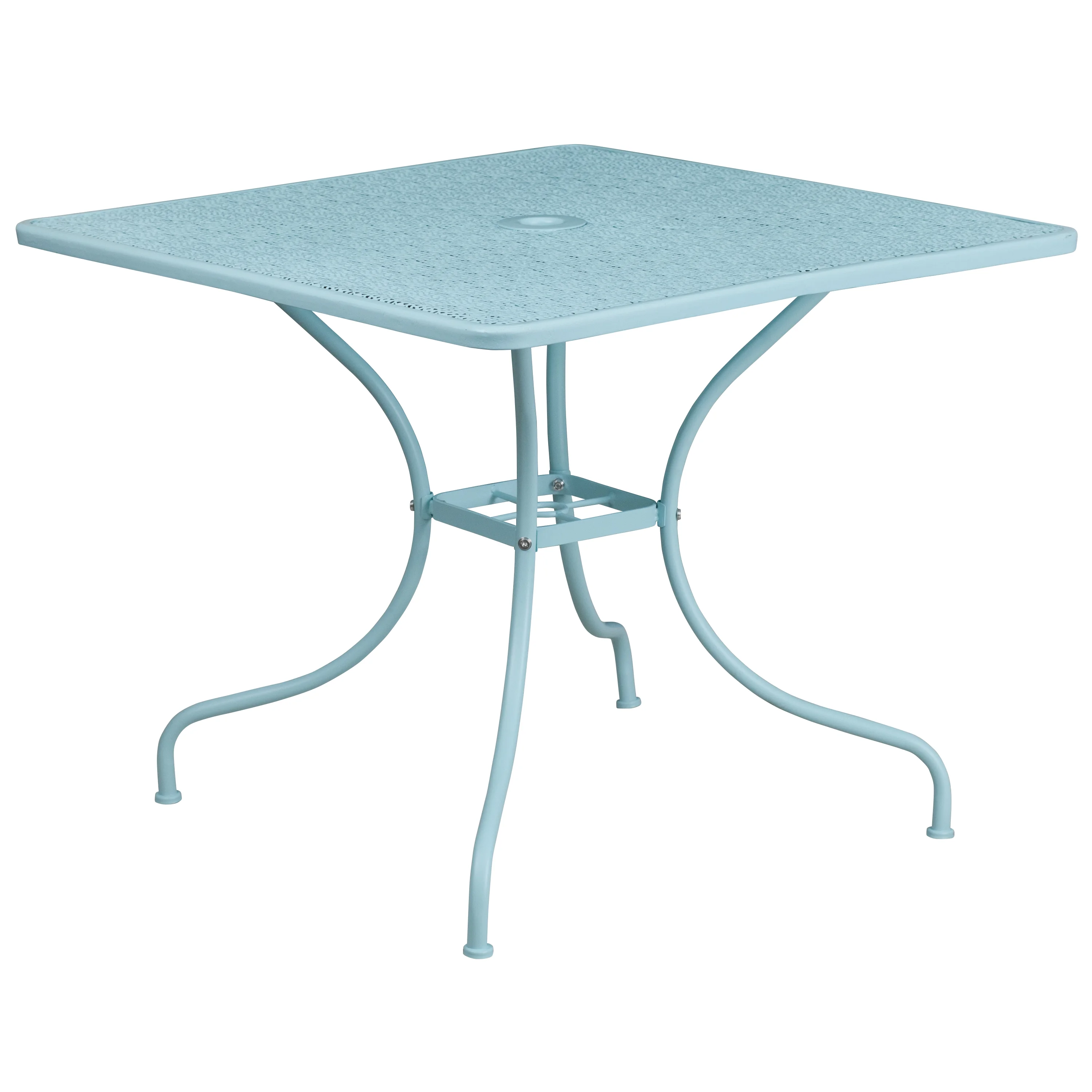 BizChair Commercial Grade 35.5" Square Sky Blue Indoor-Outdoor Steel Patio Table with Umbrella Hole