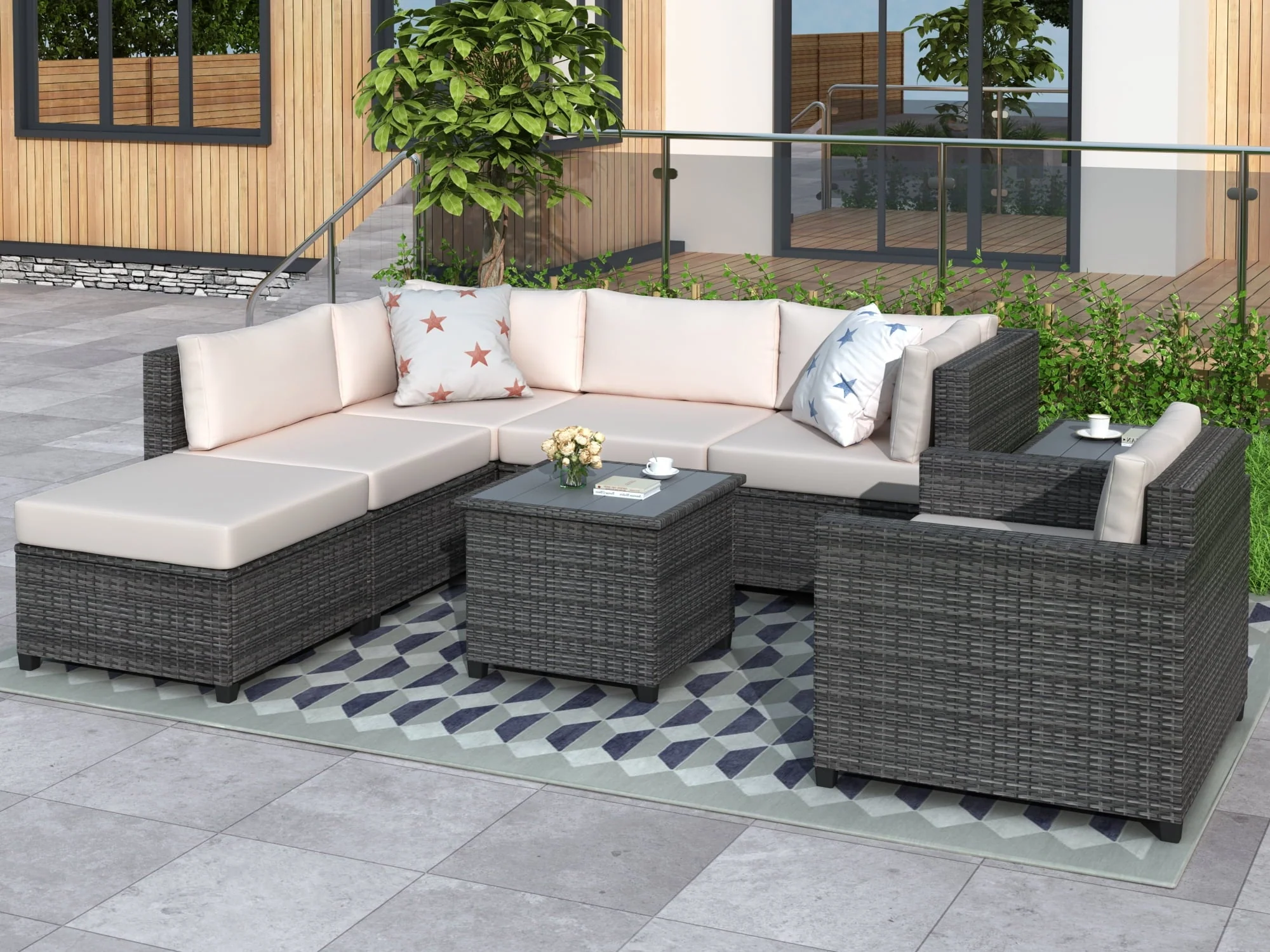 EUROCO 8PCS Patio Sofa Set Outdoor Furniture Sectional All-Weather Wicker Rattan Sofa Beige