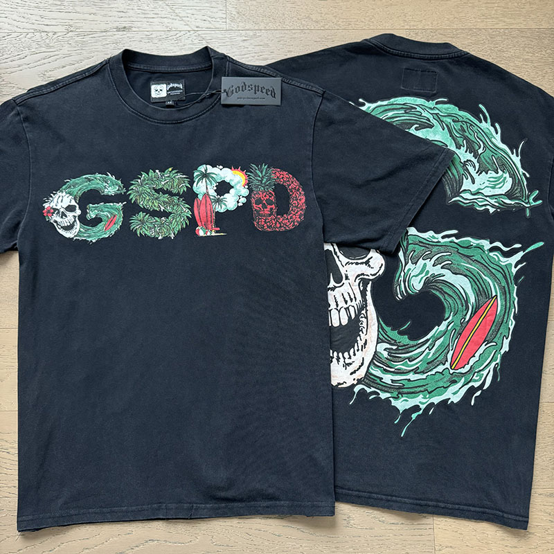 Black vegetation and sea wave fresh letter print short-sleeved shirt
