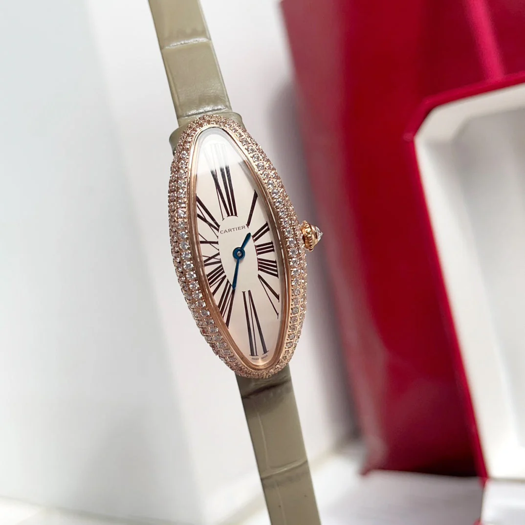 Cartier Watch Vintage Baignoire 21mm Pink Gold Diamond Case Khaki Leather