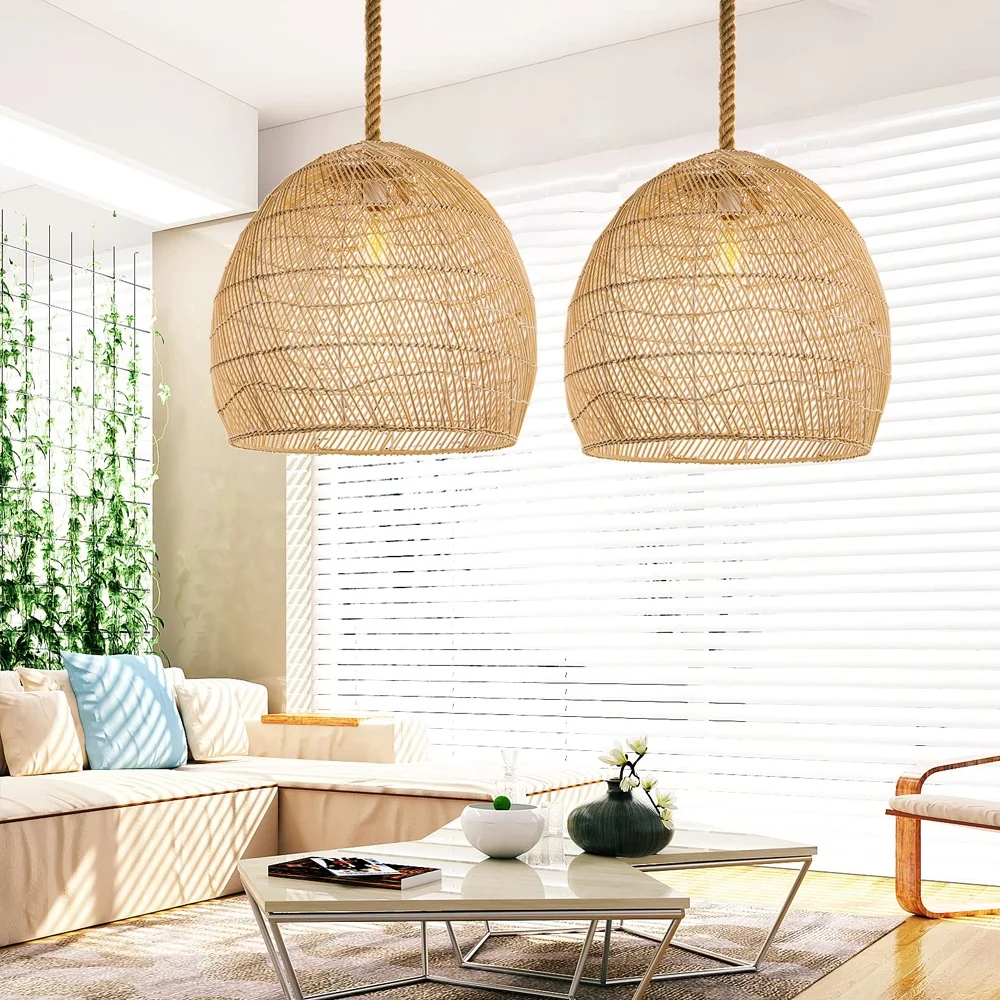 UEEYAC Hemp Rope Pendant Hand-woven Rattan Chandelier For Dining Room Living Room