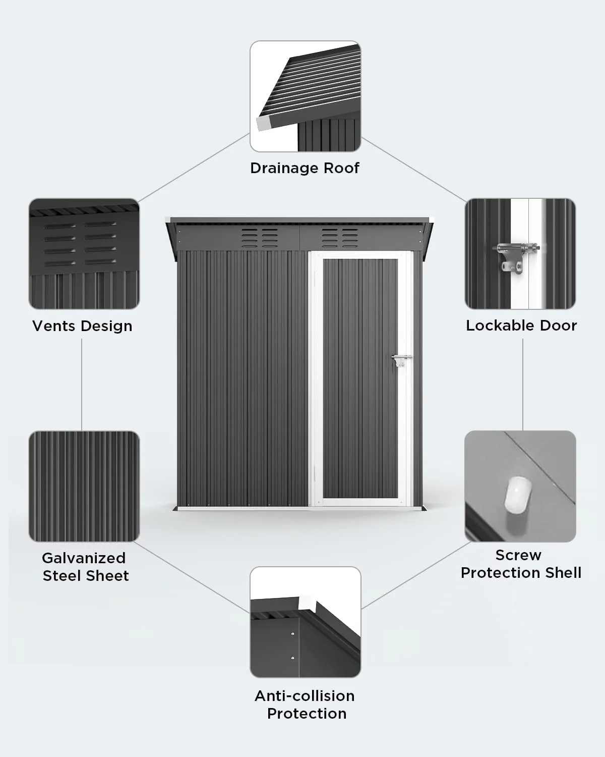 Aiho 5'x 3' Metal Outdoor Storage Shed for Patio Lawn Garden - Gray