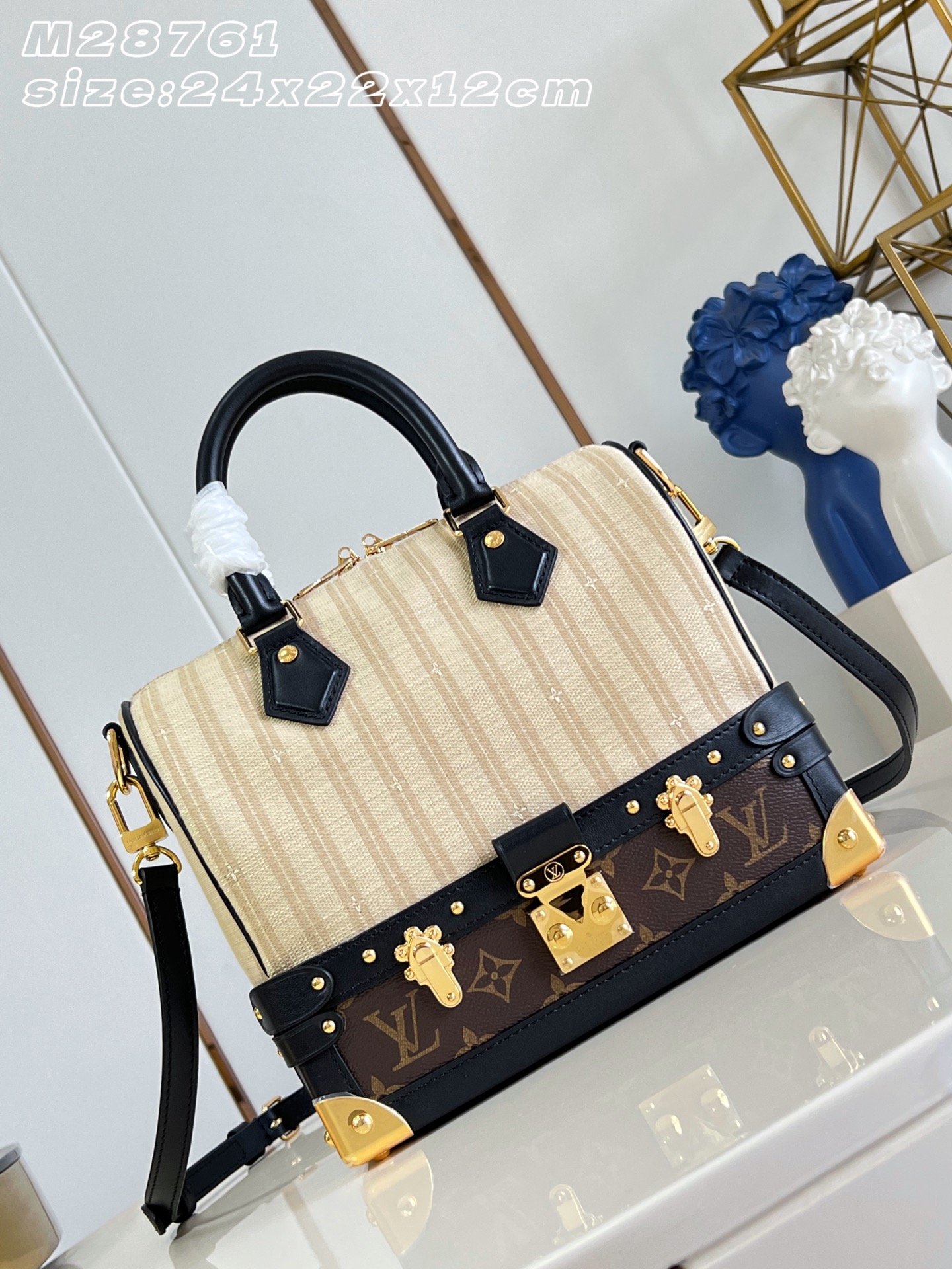 【15A】  LV Speedy Bandoulière 22/30 Out Of The Trunk Beige Stripe Canvas Monogram Trunk Bottom Handbag
