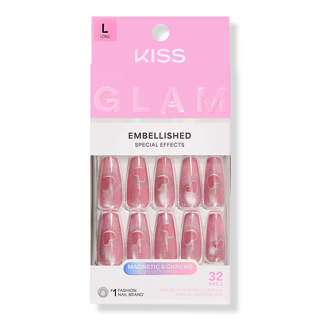 Kiss  Glam Embellished Long Coffin Press On Nails, Pink Sugar