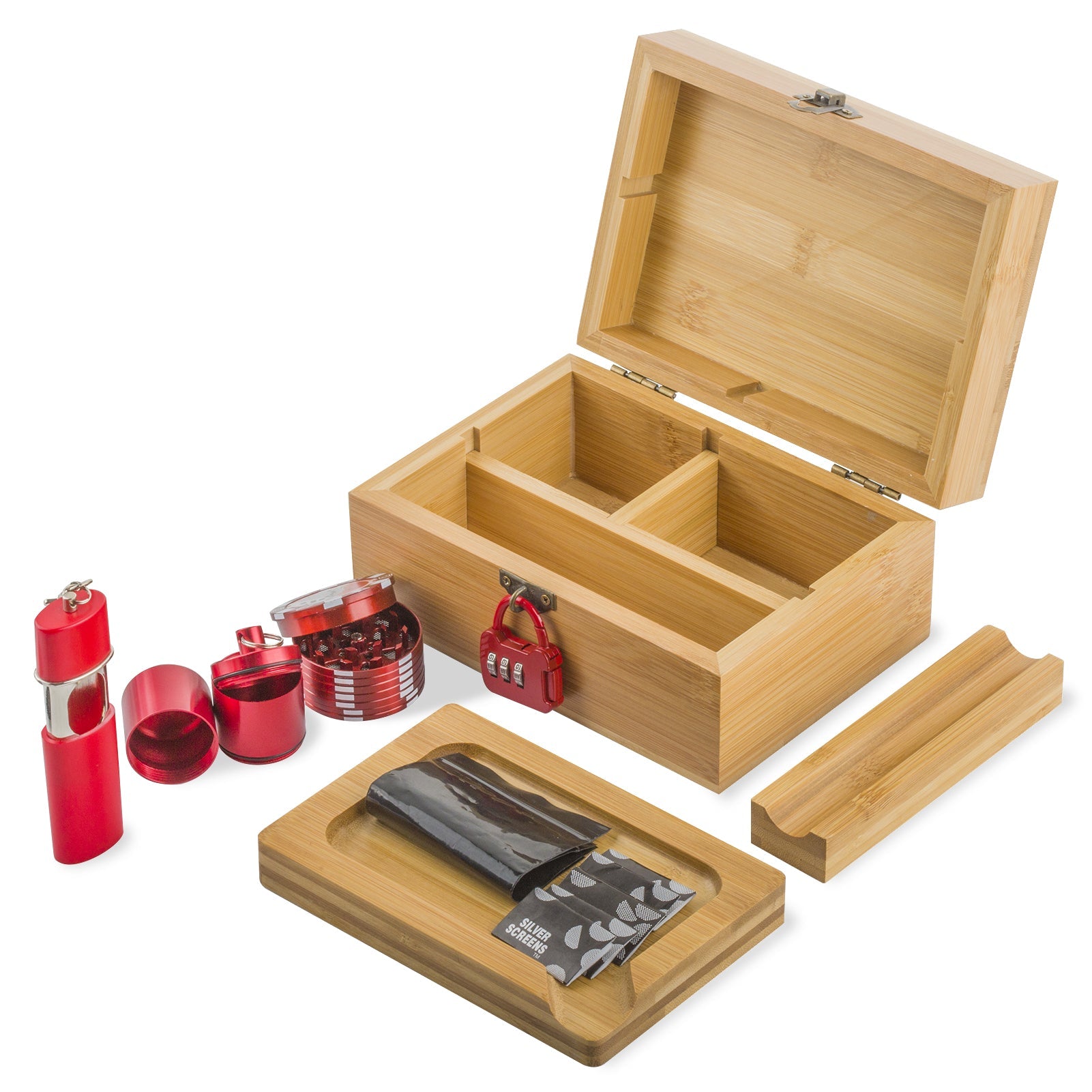 Wooden Stash Box Lock w/ Pink Glass Pipe Quartz Banger Set