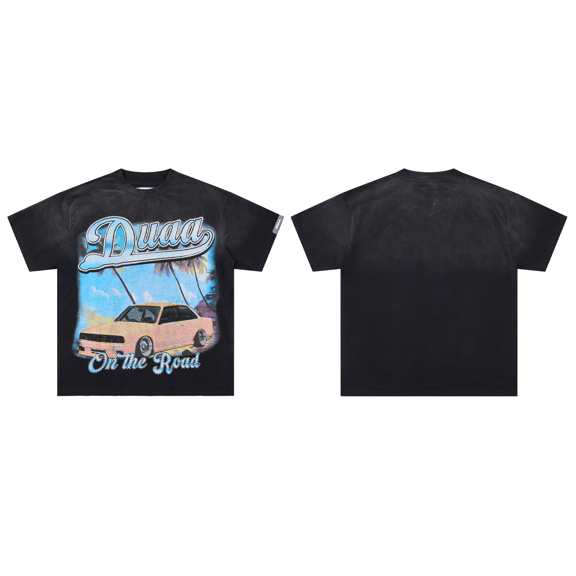 Washed vintage-style ripped and rhinestone-decorated street fashion short-sleeved T-shirt