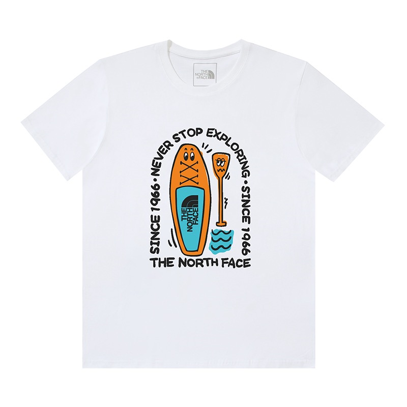 White casual sports round-neck T-shirt with cartoon oar print and lettering