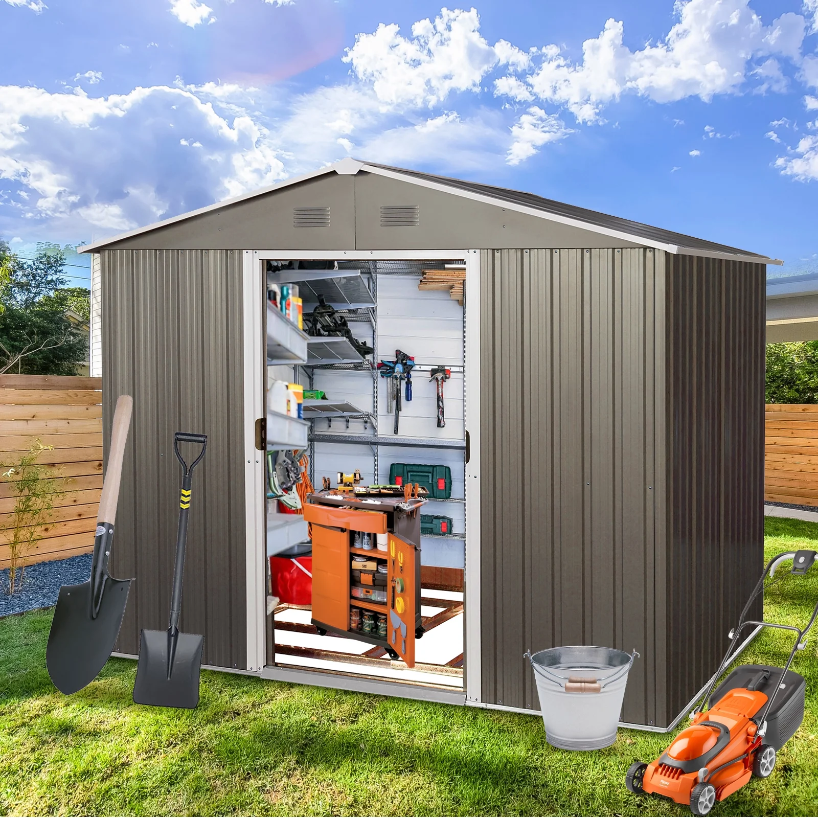GUTALOR 6ft x 8ft Outdoor Metal Storage Shed with Floor Base,Gray