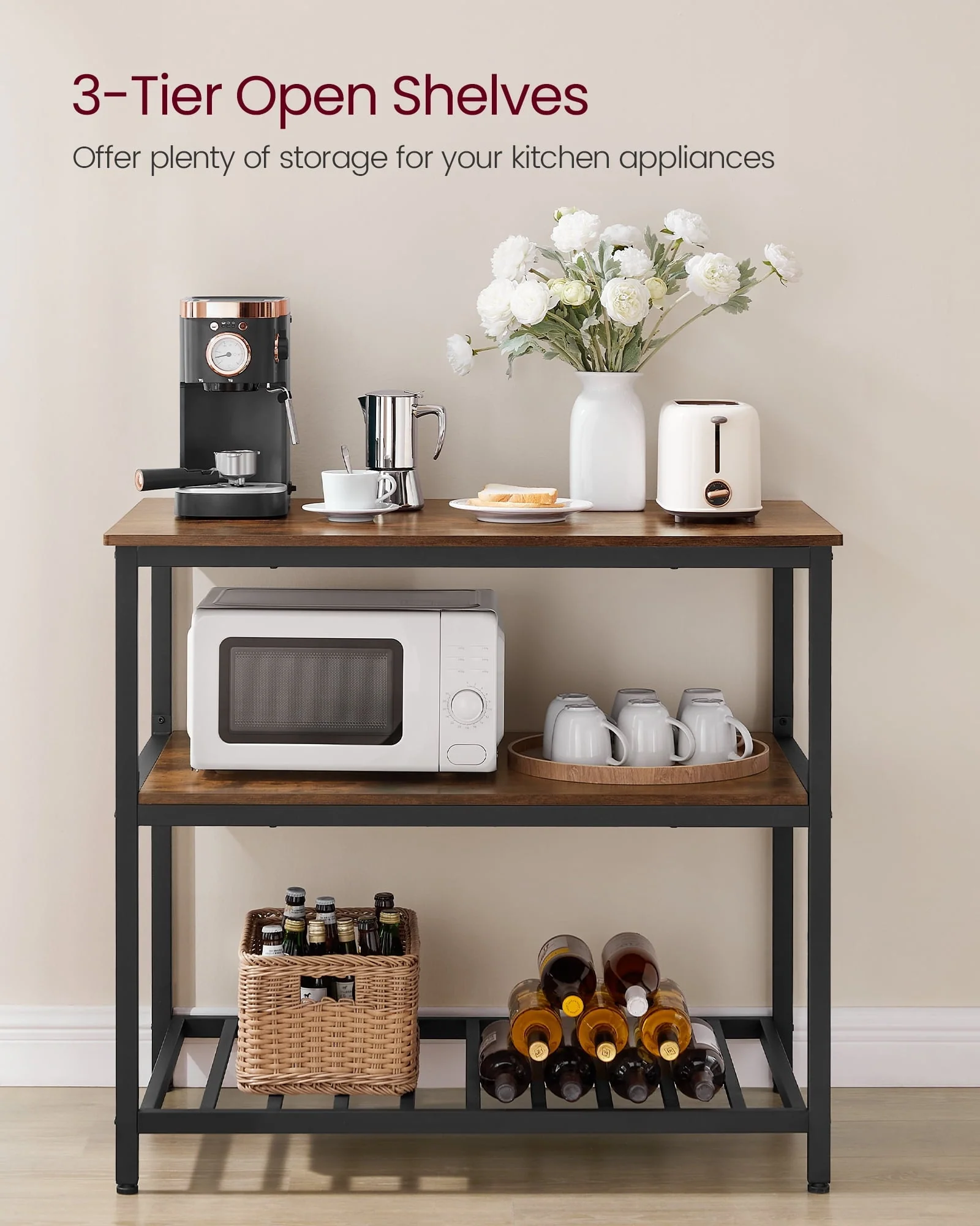 VASAGLE Kitchen Storage Island with 3 Shelves Kitchen Shelf Organizer with Large Worktop Kitchen Baker’s Rack Coffee Bar Rustic Brown & Black