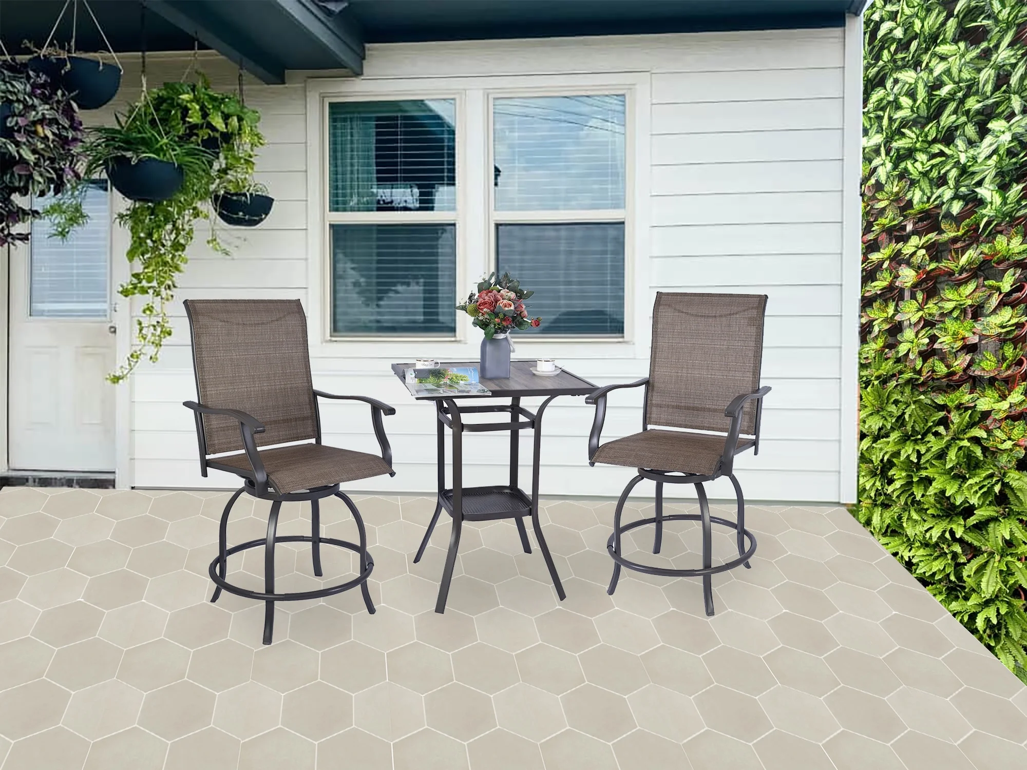 Kozyard Isabella Patio High Swivel Bar Stools/Chairs Steel Frame Outdoor Bistro Set for 2, Brown