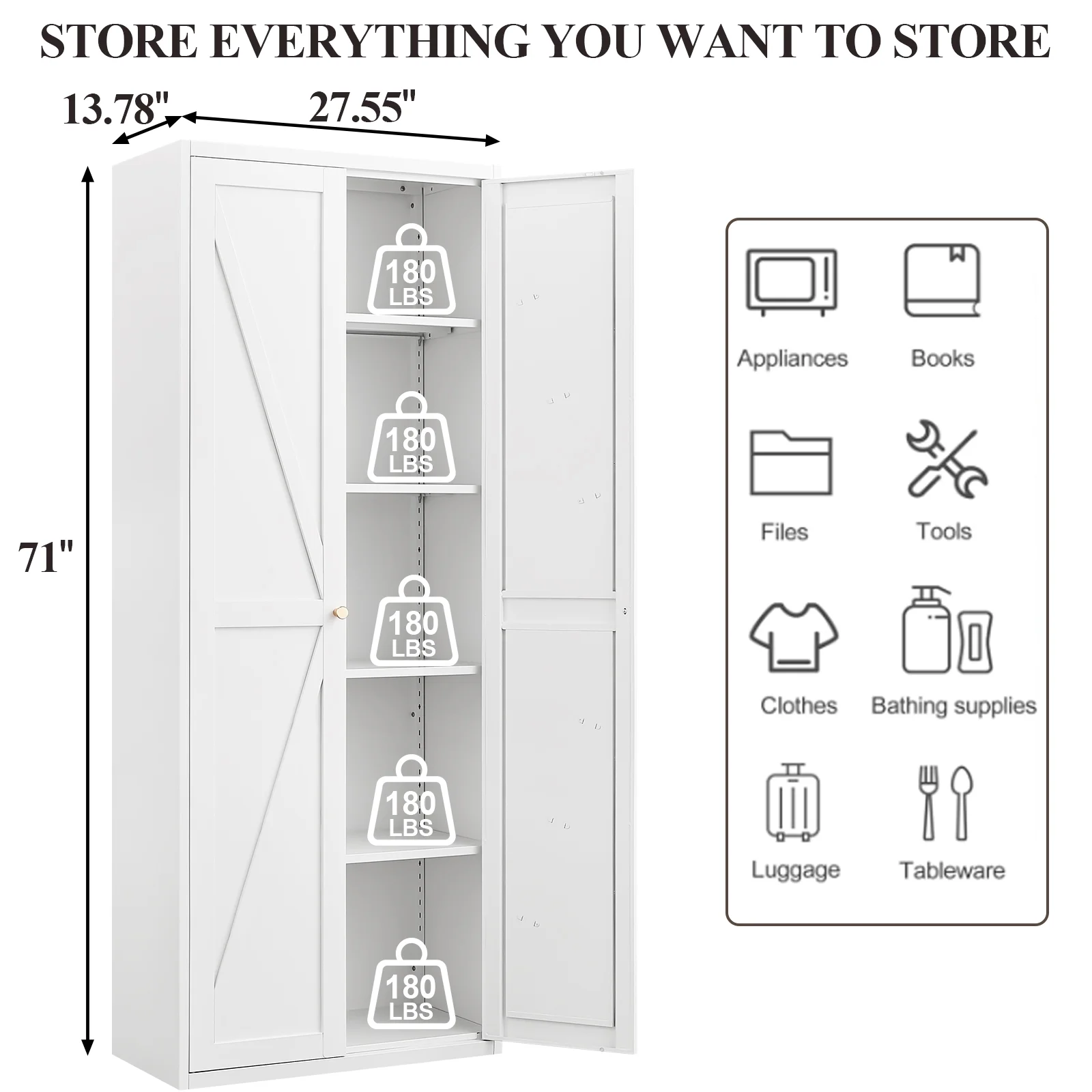 Aukfa 71" Freestanding Kitchen Pantry Storage Cabinet with 4 Adjustable Shelves, Metal Food Pantry Cupboard for Kitchen/Garage/Office, White