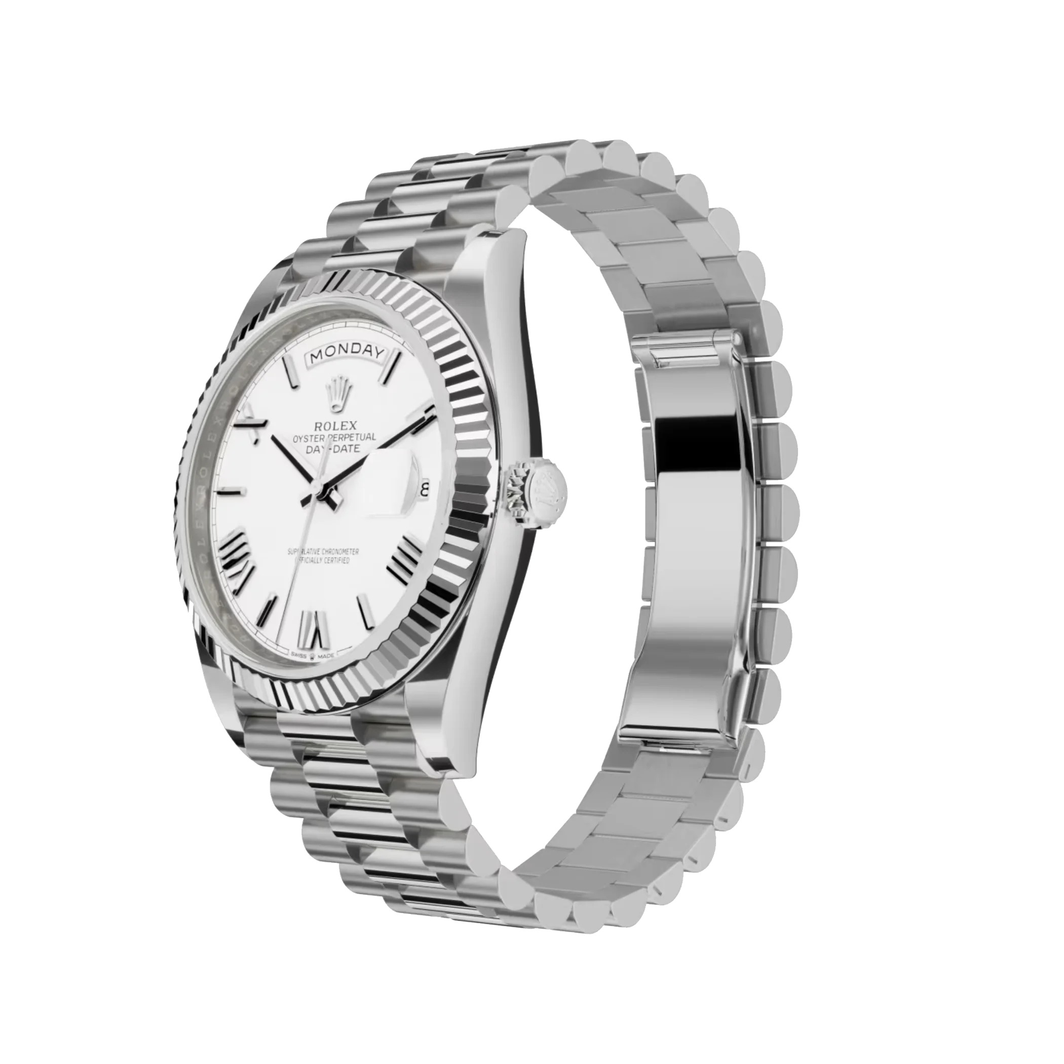Rolex Day-Date: White gold, white dial, fluted bezel, President bracelet, m228239-0046