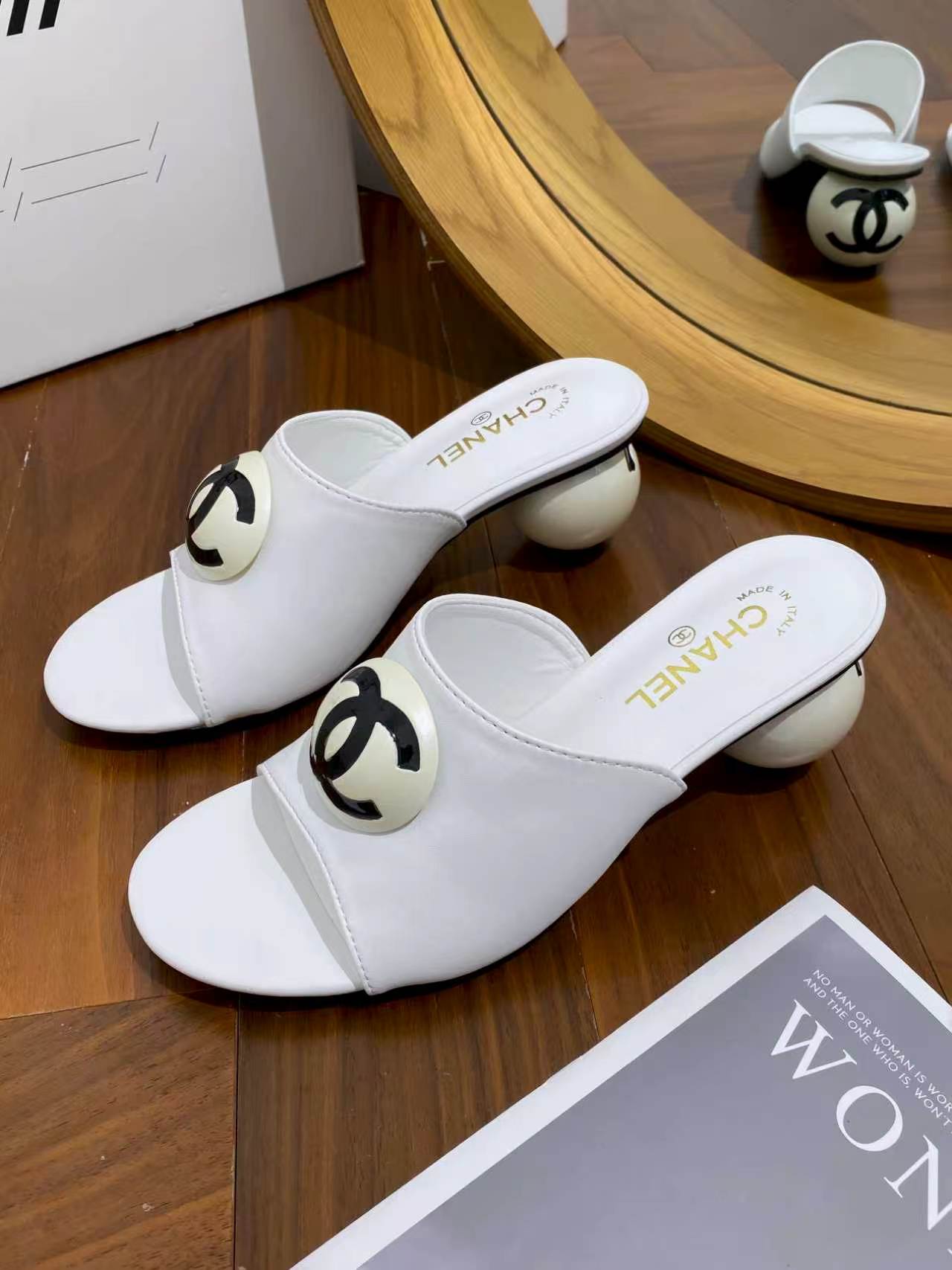 Chanel CC Logo Pearl-Heel Mule Sandals