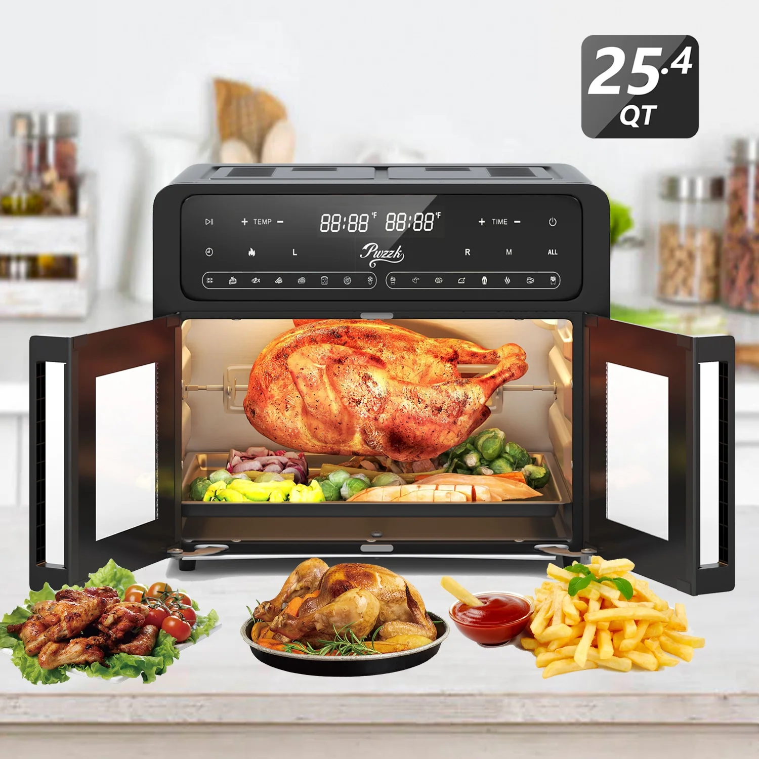 PwZzk 25.4QT Dual Zone Air Fryer Toaster Oven Combo, French Glass Door, XL Capacity, 100-430F Temperature Range, 16 Preset Functions, LED Display, Dual Fan, 360 Heat Circulation, Rotisserie, Bake,