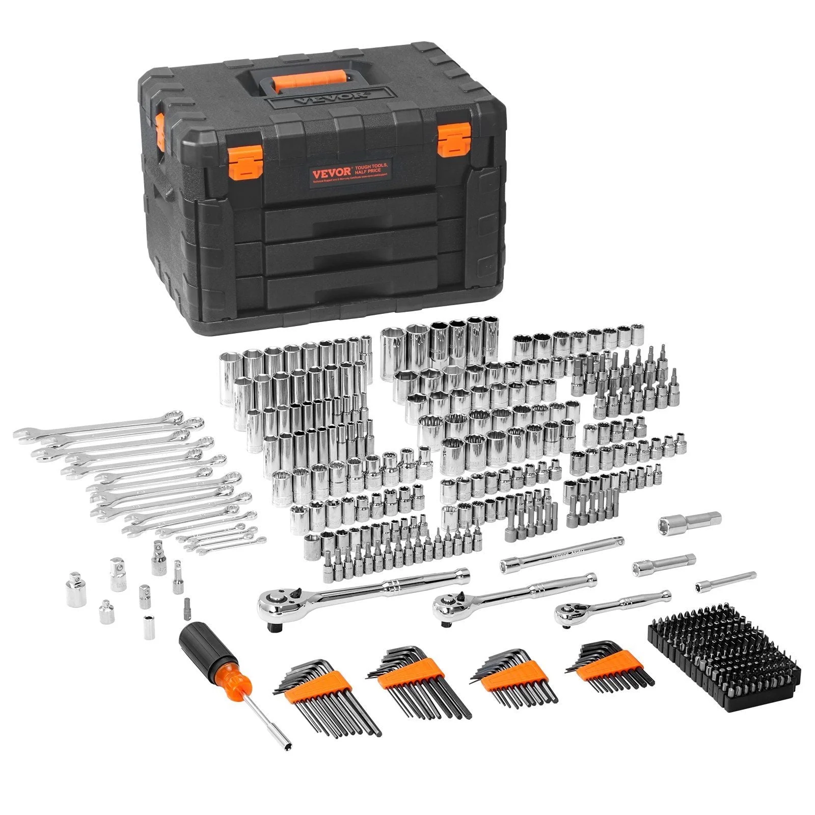 450-Piece Mechanics Tool Set with 1/4", 3/8", 1/2" Drive Sockets C SAE & Metric, Includes Wrenches, Bits, Case