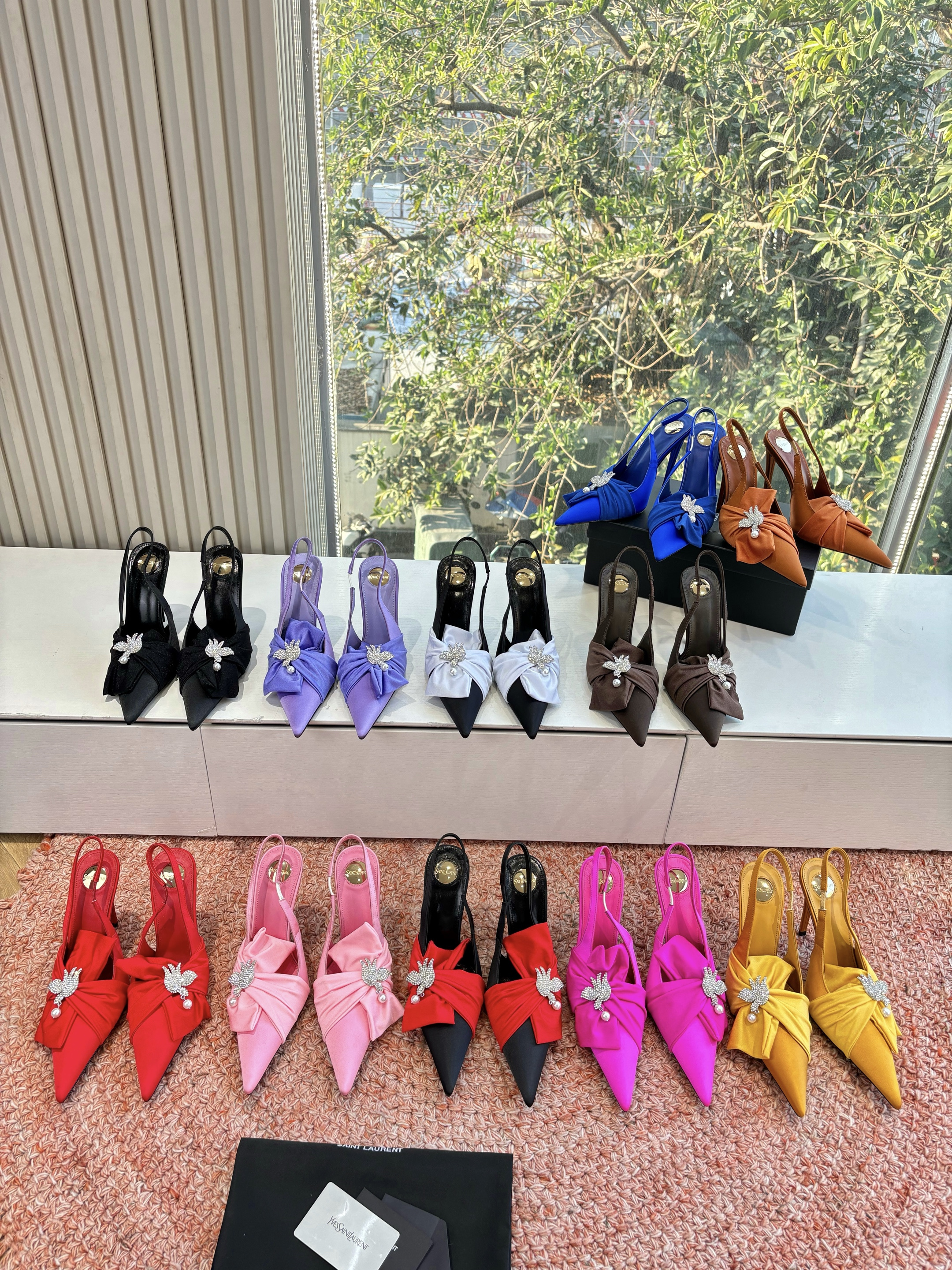 YSL Maxine Pointed Closed Toe Silk Satin Bow Crystal Brooch Slingback Stiletto Heels Sandals