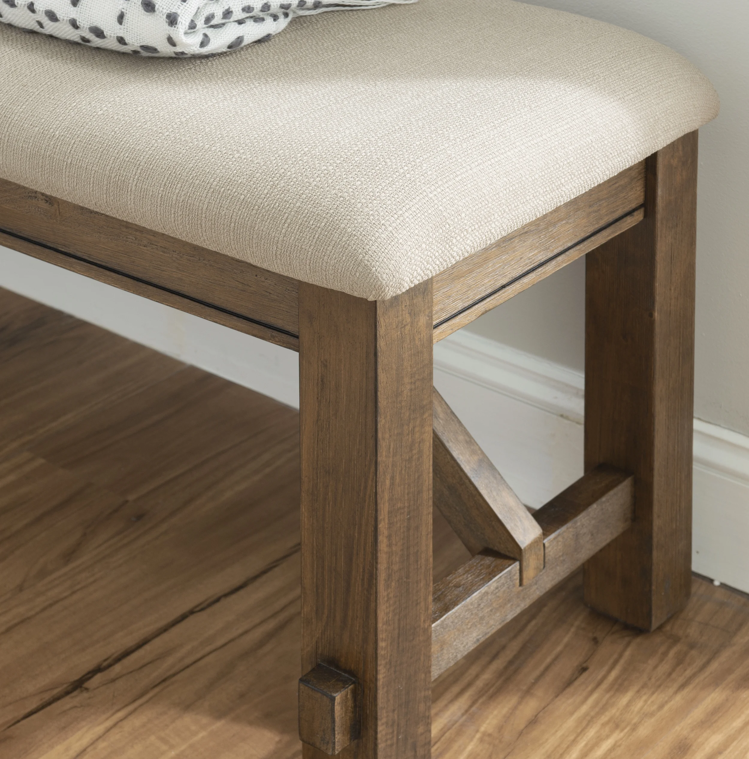 Correll Farmhouse Dining Bench, Rustic Umber Base with Tan Fabric