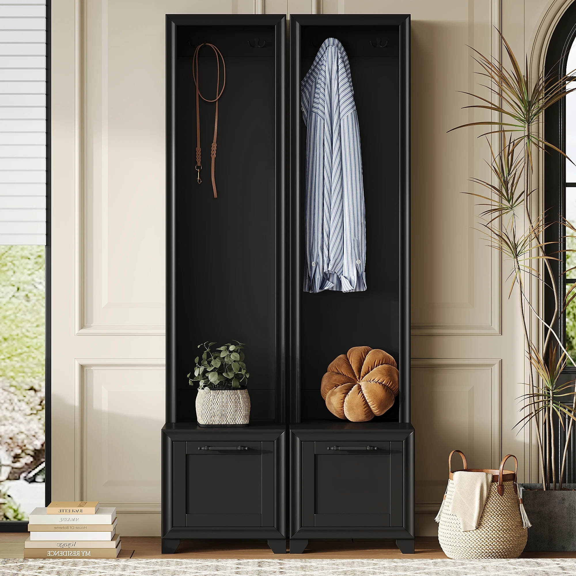 Euroco Elegant Free Standing Hall Tree Set of 2, 3-in-1 Entryway Coat Rack with Black Retro Handles, Bench with Storage Drawers for Hallway and Living Room