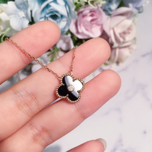 Van Cleef Necklace Dupe, Black Clover Leaf Necklace with Diamond& Rose Gold