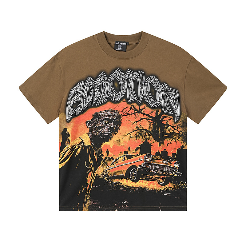Vintage loose-fitting printed brick-print cotton short-sleeved shirt