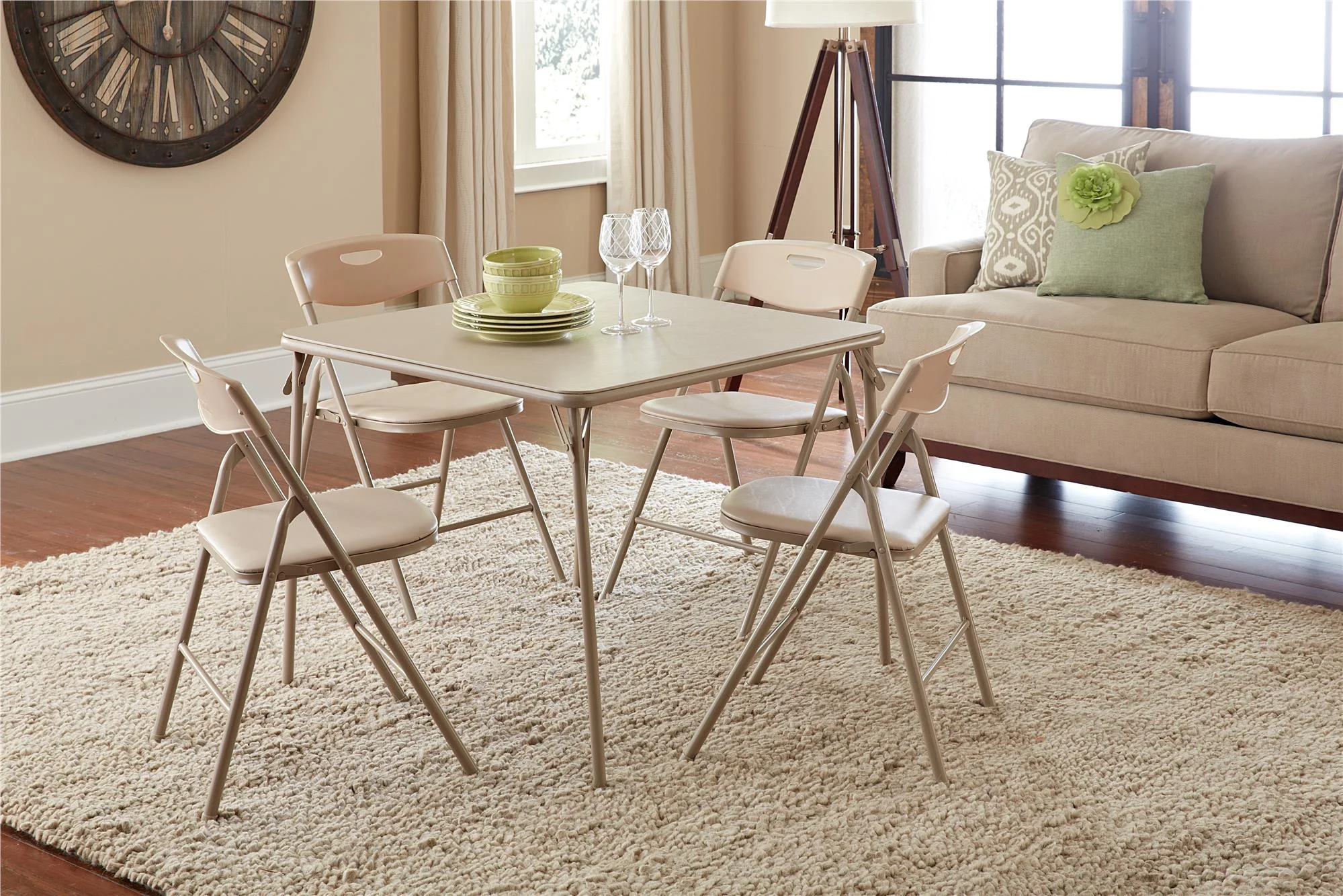 COSCO 34" Folding Card Table and 4 Resin Folding Chairs with Seatback Handles, Antique Linen