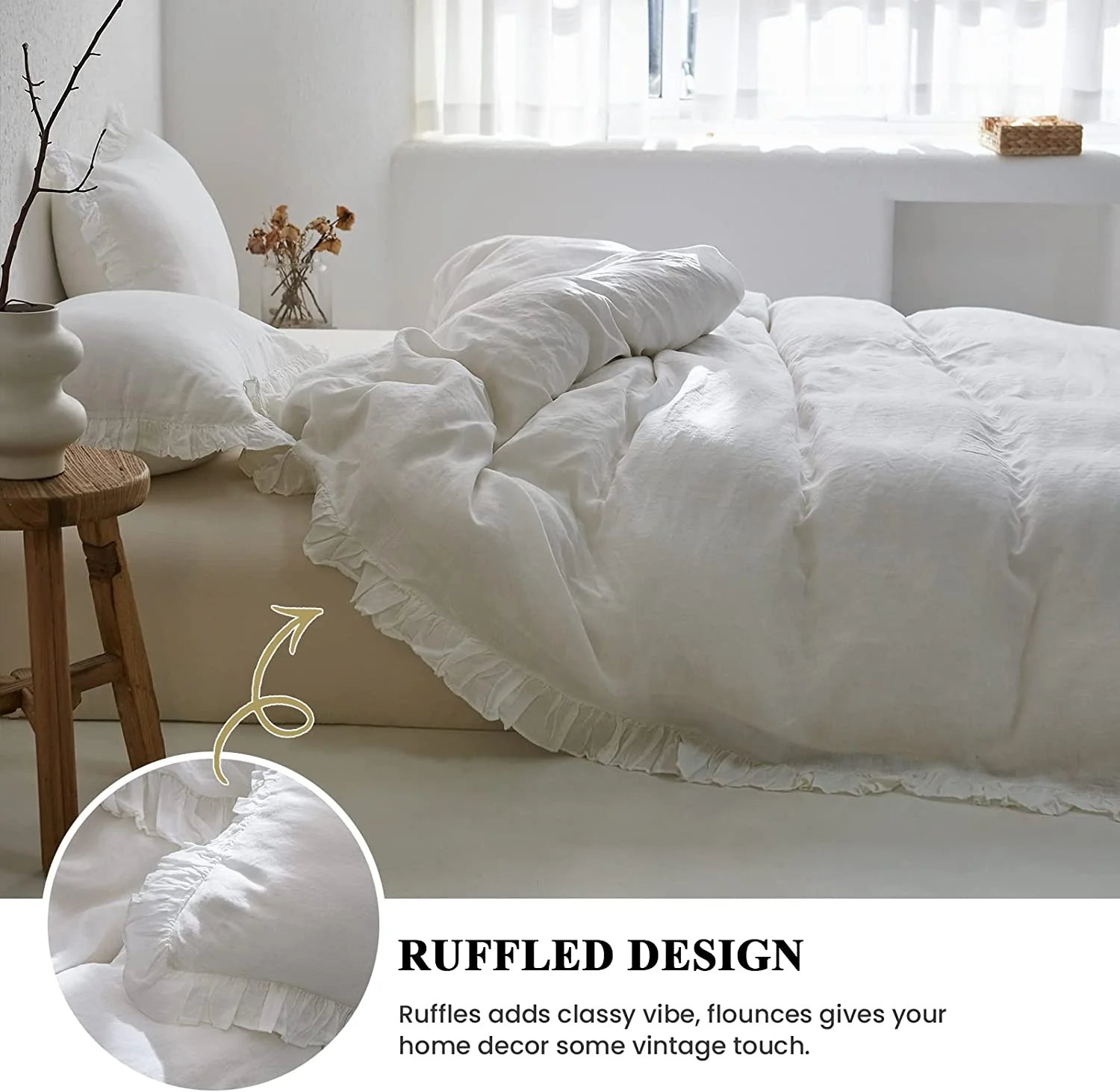 Simple&Opulence 100% Washed Linen Duvet Cover Set-3 Pieces Shabby Chic Premium Ruffled Bedding with 1 Comforter Cover and 2 Pillowshams France Flax High End Frill Sets Vintage Style(King, White)