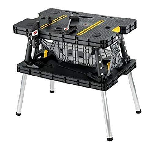 Keter197283 Folding Table Work Bench for Miter Saw Stand, Woodworking Tools and Accessories with Included 12 Inch Wood Clamps Easy Garage Storage Black/Yellow