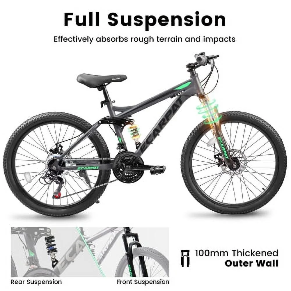 OUDOSPRS 24" 21-Speed Hybrid Mountain Bike - High-Carbon Steel Frame with Dual Suspension, Adjustable Seat (Grey)