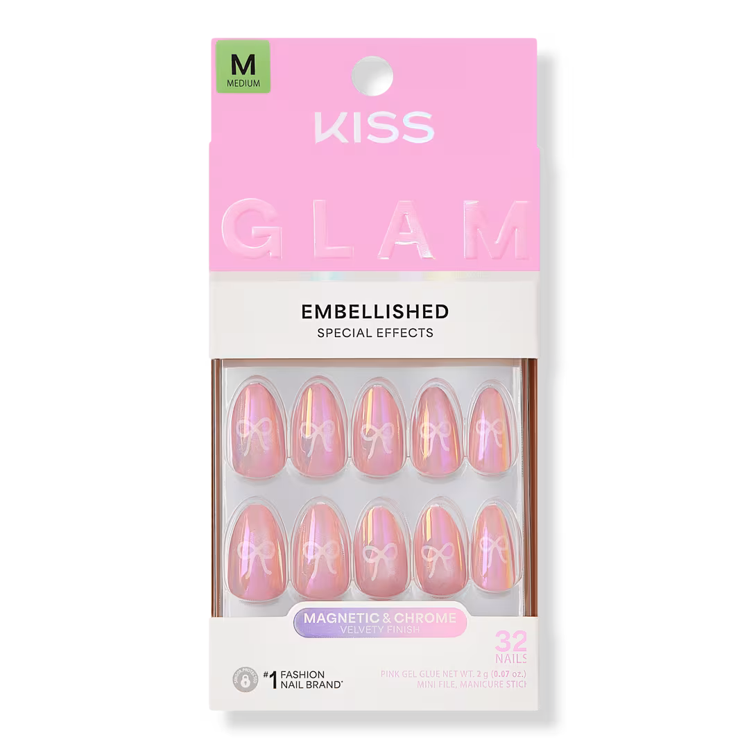 Kiss  Glam Embellished Medium Almond Press On Nails, Happy Friday