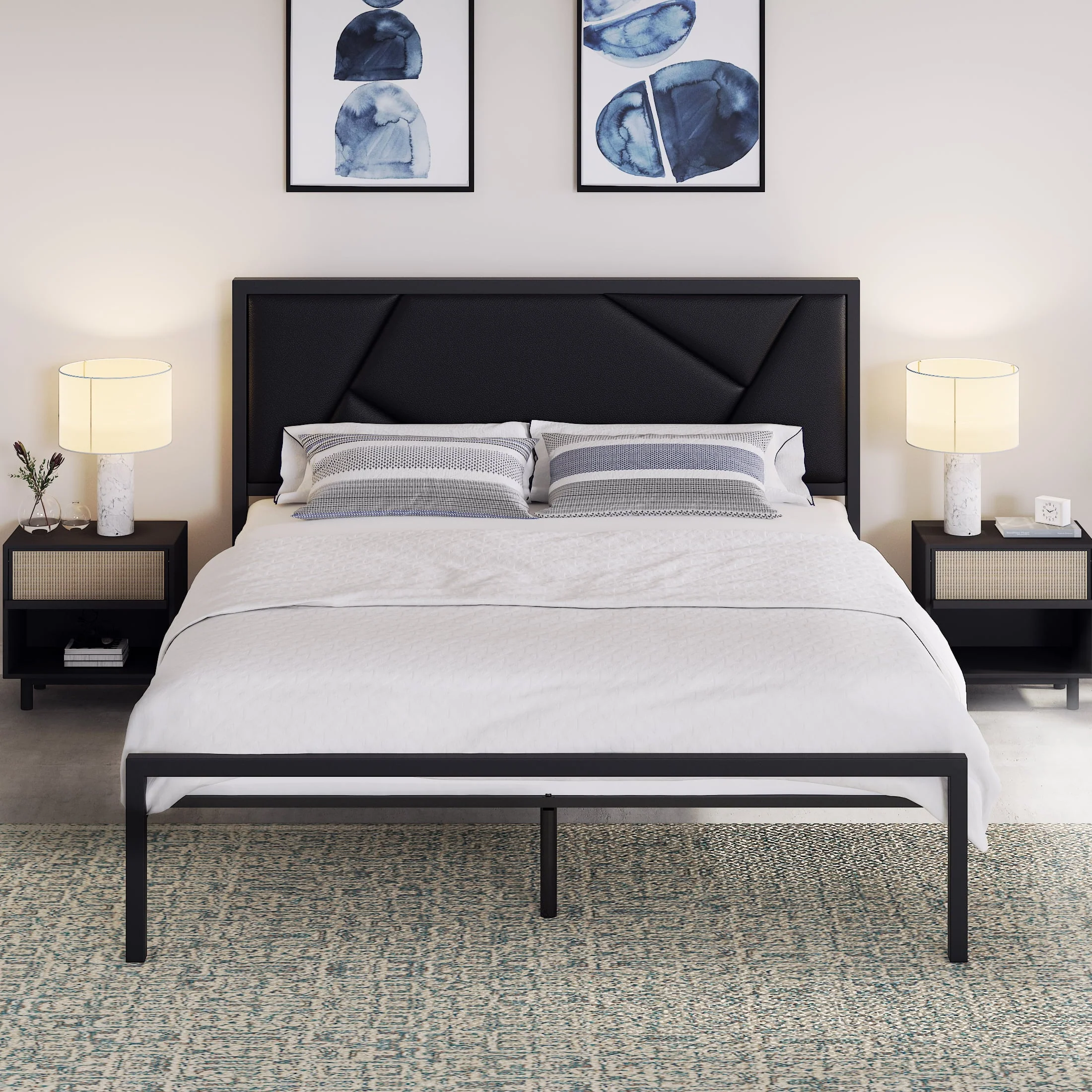 Allewie Modern Black Queen Size Metal Bed Frame with Geometric Litchi Grain Leather Headboard, 12" Underbed Storage Space
