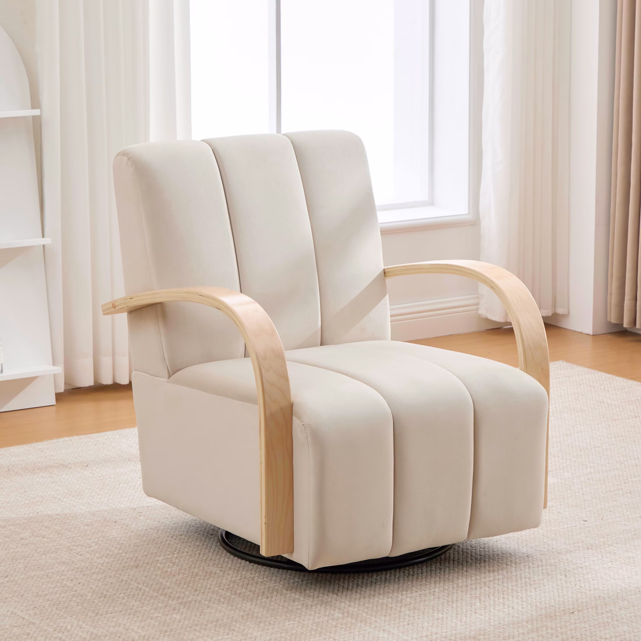 Noble House Brynn 30.7" Velvet Swivel Accent Chair, 360° Tufted Lounge Armchair with Wooden Arms, Living Room, Charcoal