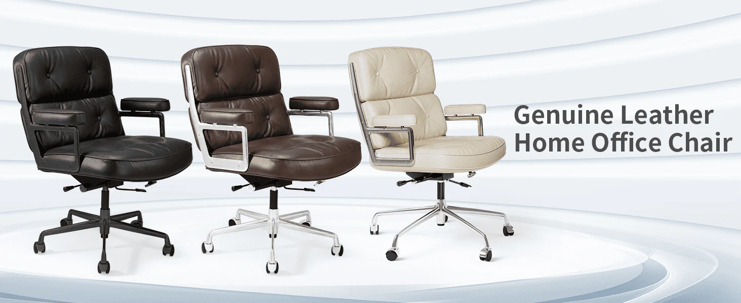 Mid Back Genuine Leather Office Chair, Adjustable Height and Liftable Swivel Computer Chair with Rolling Casters for Home Office Use, Black