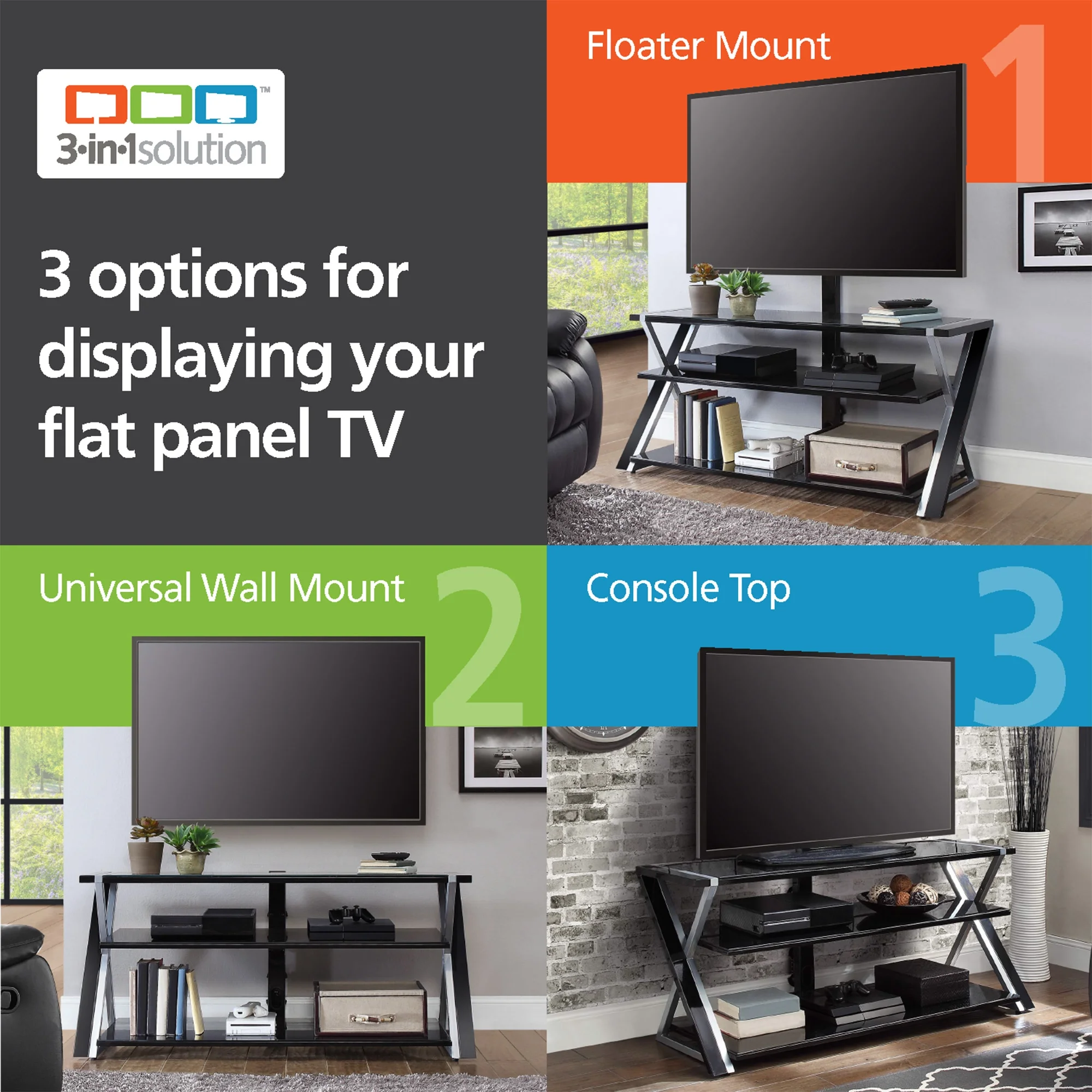 Whalen Xavier 3-in-1 Television Stand for TVs up to 70", Black