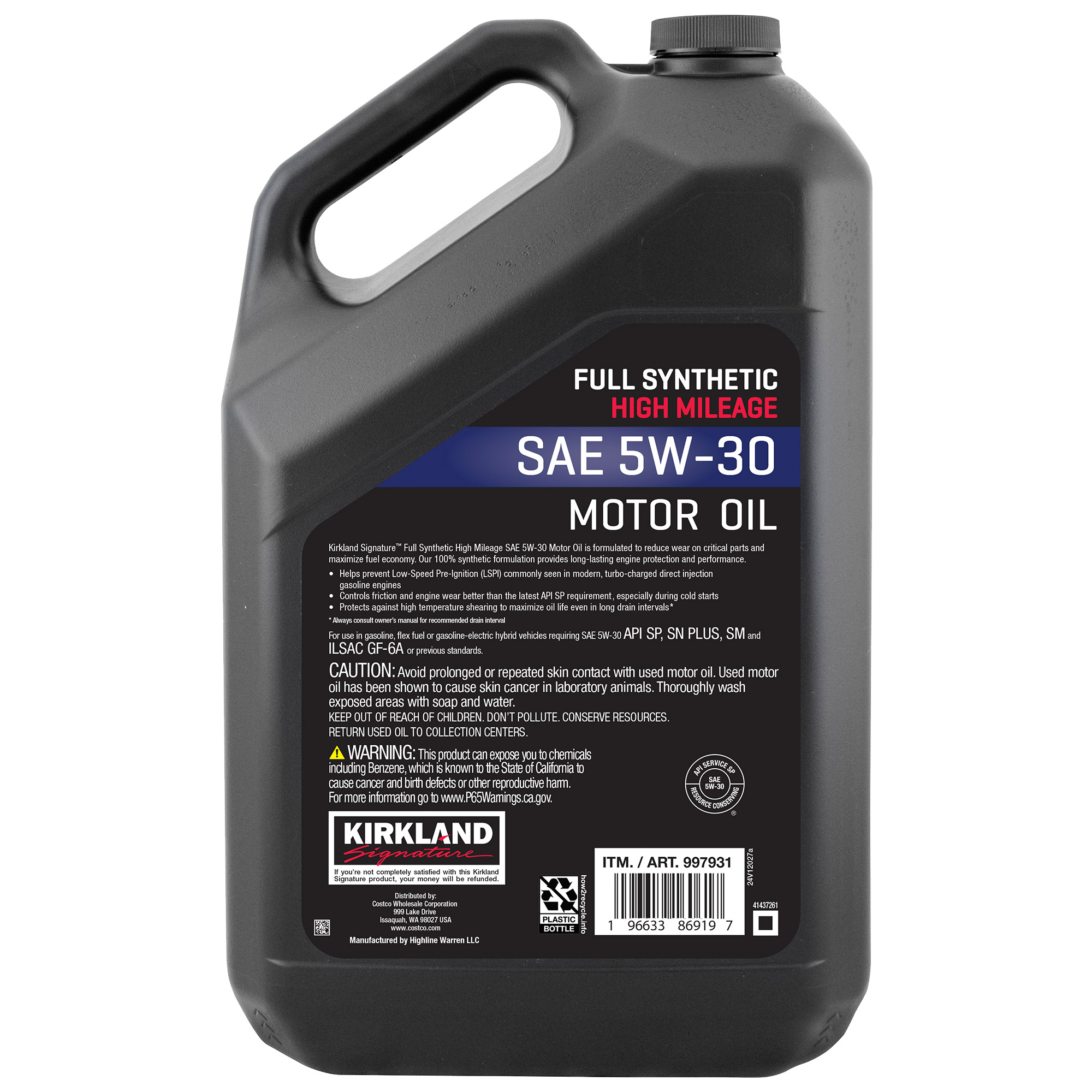 Kirkland Signature 5W-30 High Mileage Full Synthetic Motor Oil, 5-Quart 2-pack