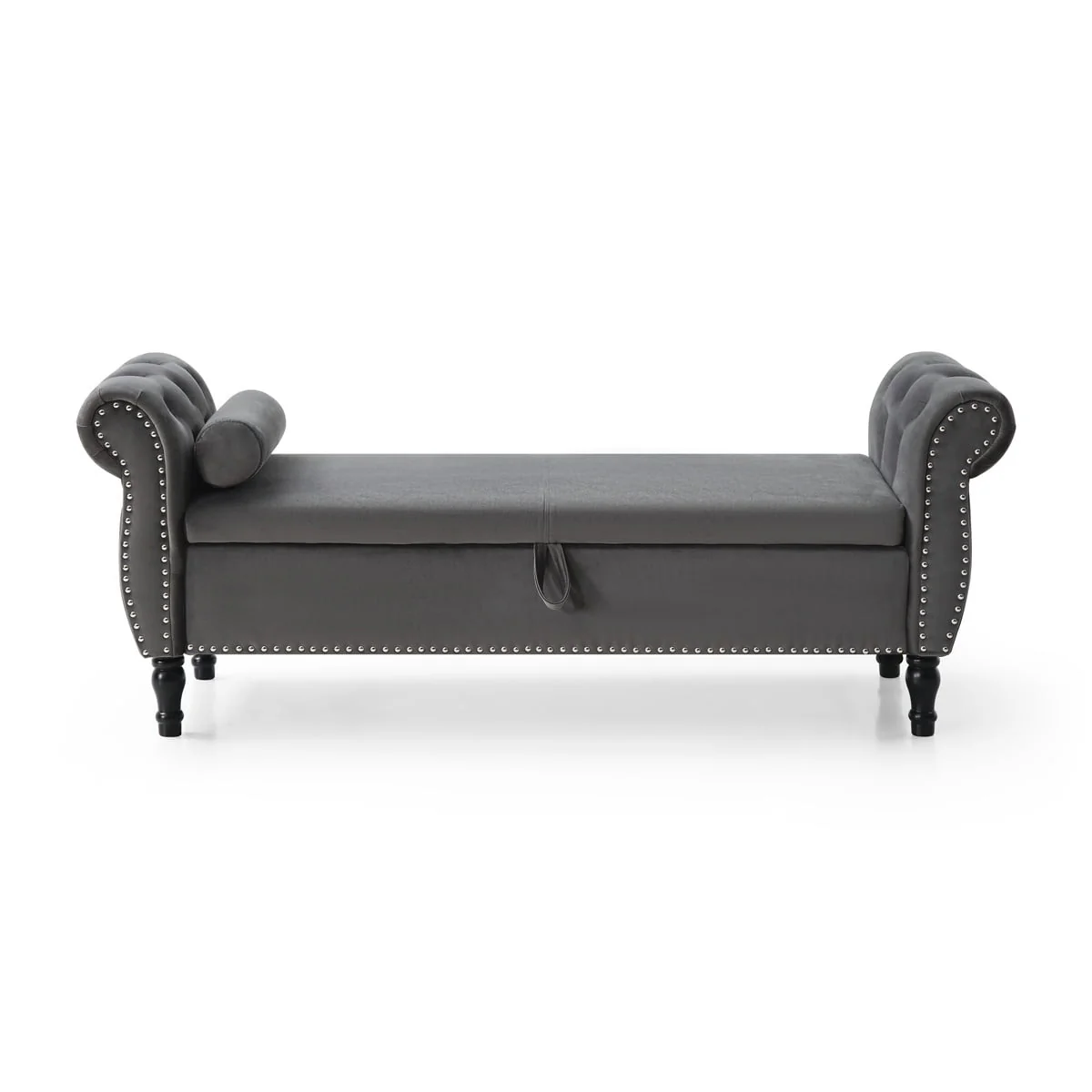 JINS&VICO 63'' Velvet Storage Ottoman Bench, Upholstered Tufted Sofa Stool with Rolled Armrest and Nailhead Trim, Rectangular Chaise Lounge with 1 Pillow for Living Room Bedroom, Gray