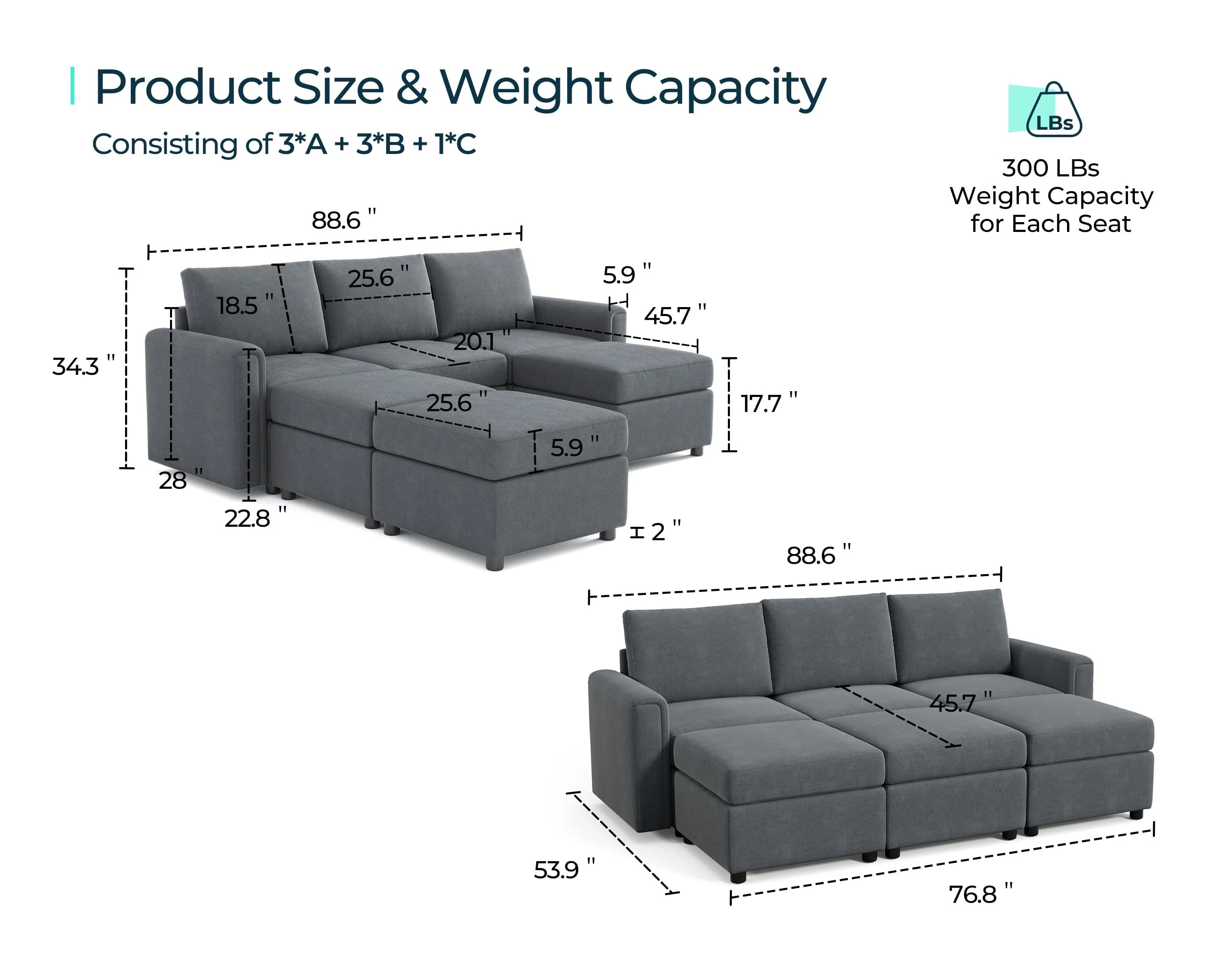 Linsy Home Modern Convertible Sleeper Sofa Bed with Storage Ottomans, Modular Sectional Couch Sofa,Dark Gray