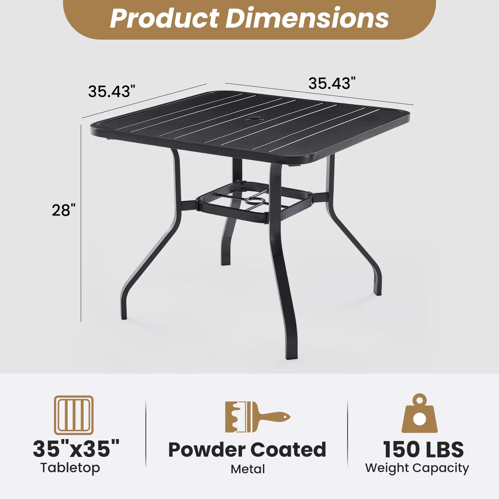 Farini Patio Dining Table 35"x35", Square Outdoor Dining Table with 1.57" Umbrella Hole for Patio Graden Backyard and Poolside