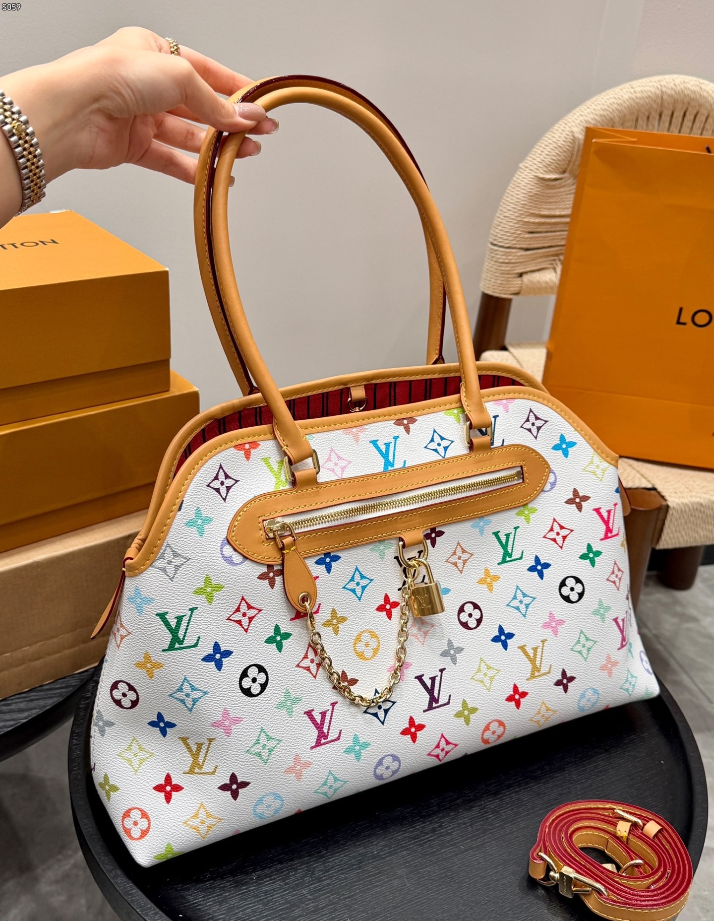 LV x TM GM Montorgueil Ever More Monogram White Multicolore Top Handle Bag With Pouch
