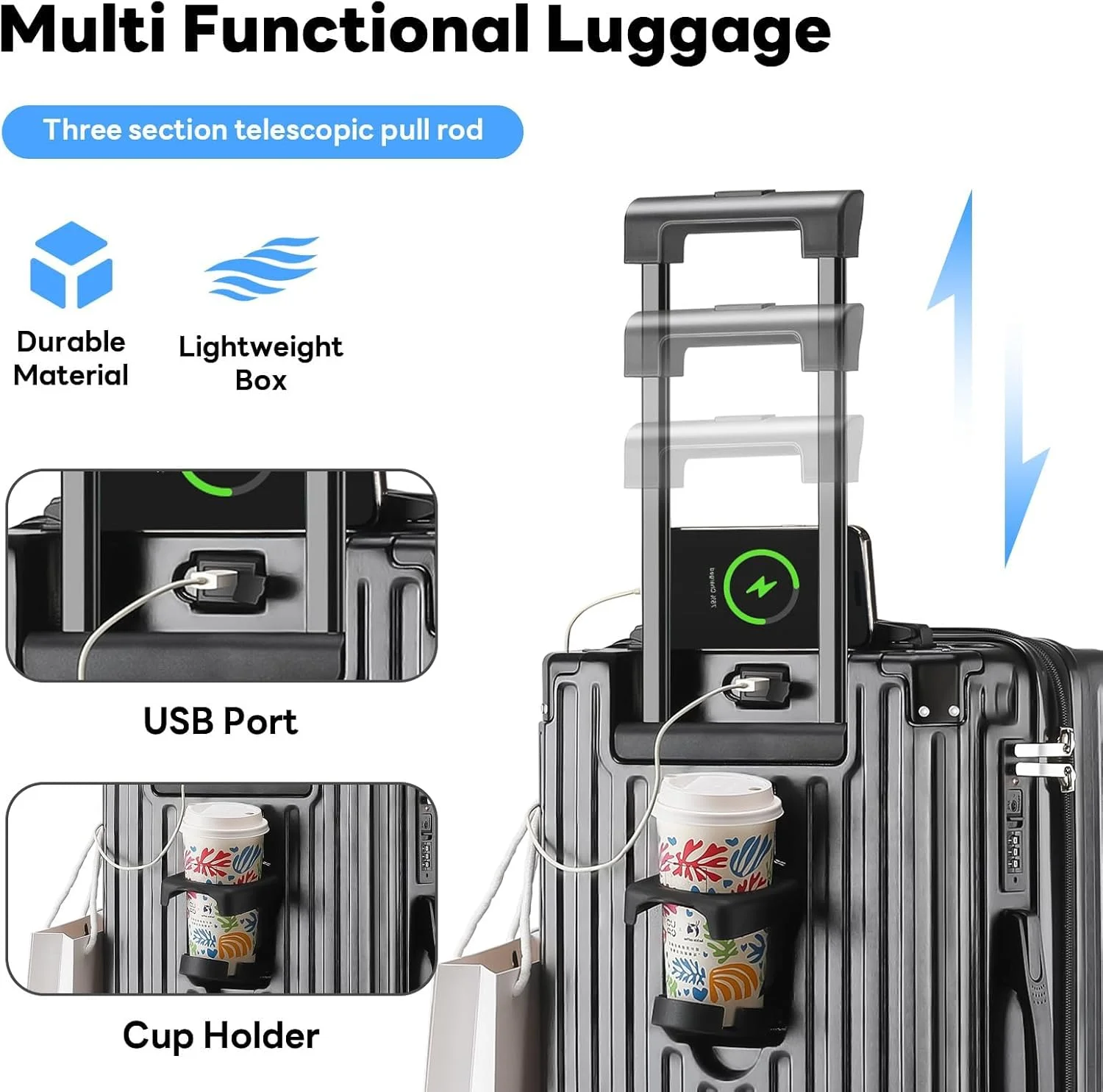 20 Inch Carry on Luggage Carry-on with Cup Holder & USB Port, Hardside Smart Luggage with Airline Approved TSA Lock, Lightweight carryon luggage 22 x 14 x 9 airline approved 360 Spinner Double Wheels