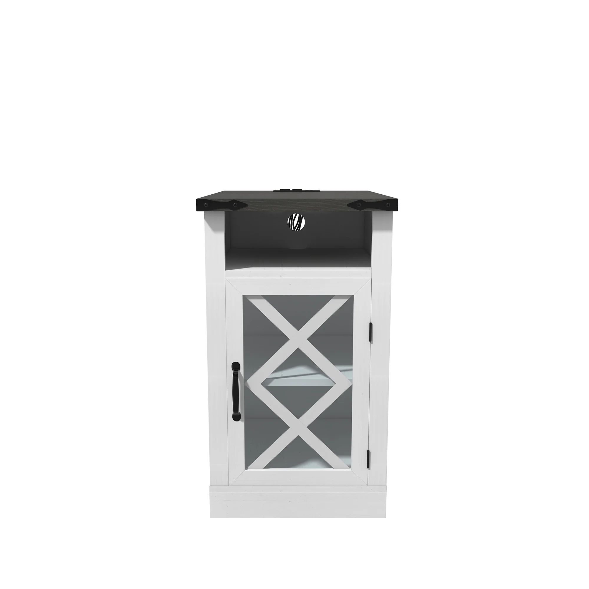 Farmhouse Charging End Table - 15.4" Rustic Nightstand with Barn Doors, 3-Tier Storage & Built-In USB Outlets, White