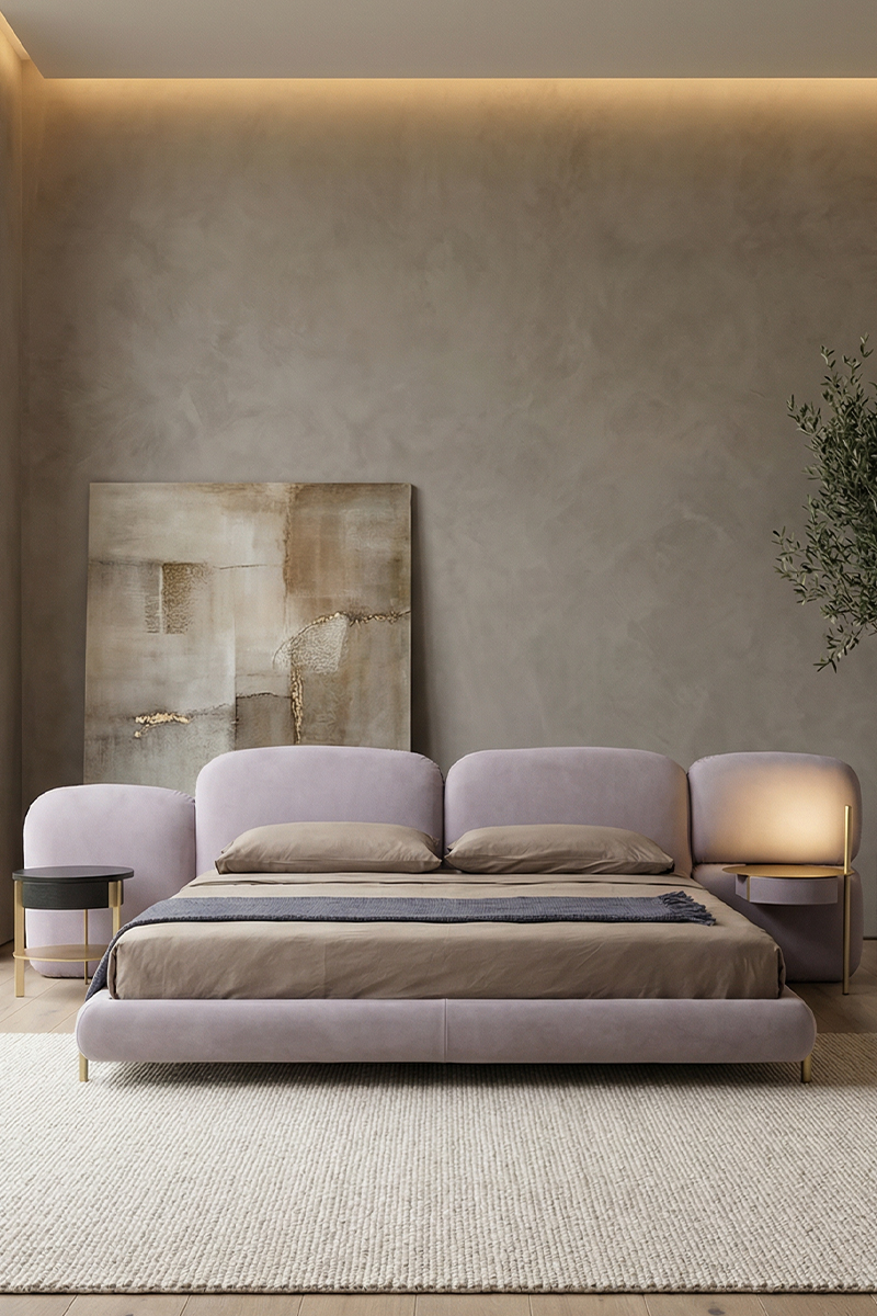 Italian minimalism, stone fabric bed, modern light luxury, four side package master bedroom double bed, brass metal feet, cream style