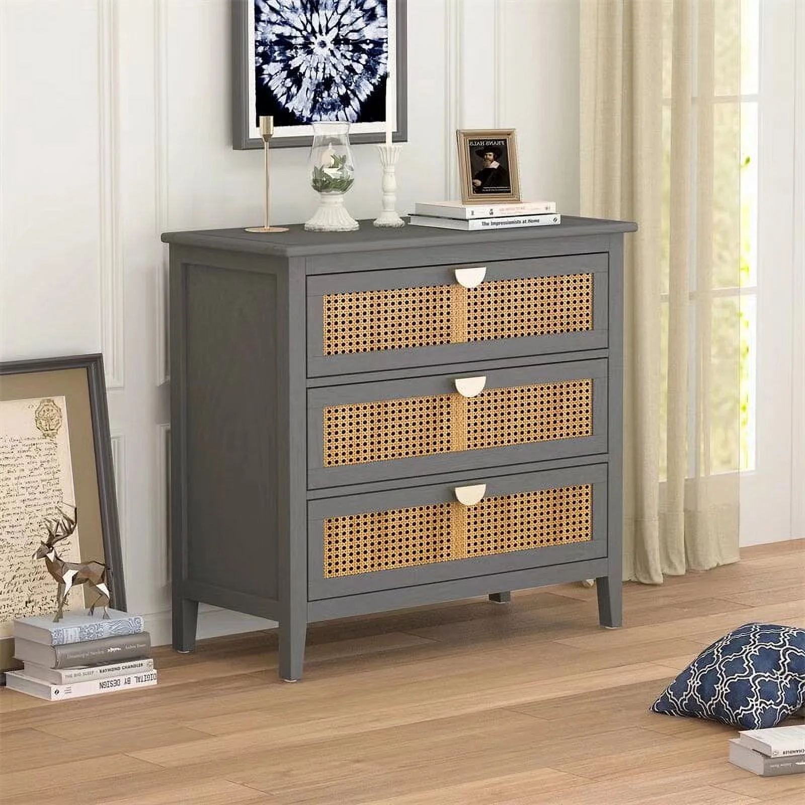 3 Drawer Cabinet, Modern Rattan Nightstand Dresser Chest with Wide Drawers and Metal Handles, Farmhouse Wood Storage Organizer for Bedroom, Living Room, Hallway, Entryway (Gray)