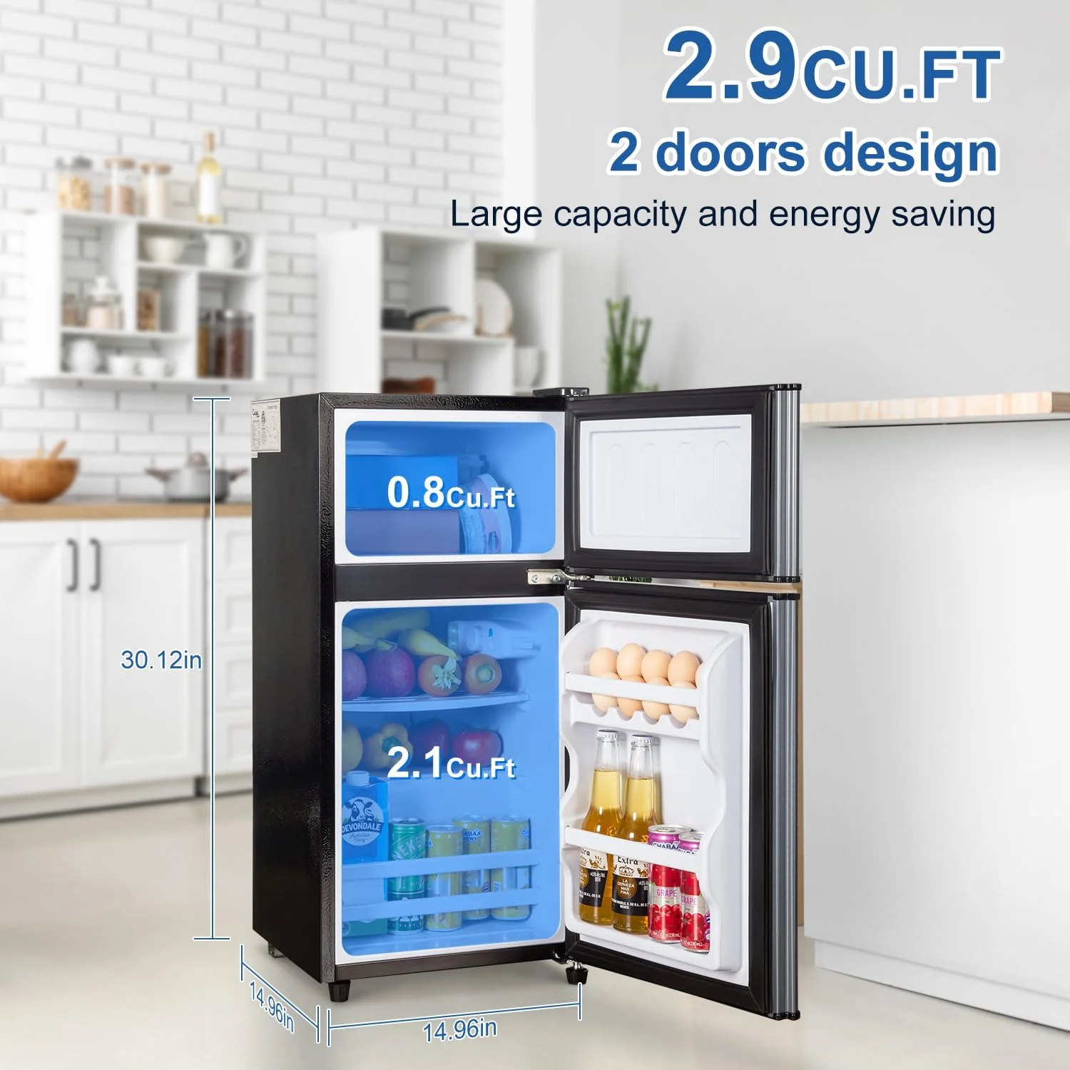 Kcpolre Mini Fridge with Freezer, 2.5 Cu.ft Small Fridge, Low Noise,7 Adjustable Thermostat, Double Door Small Refrigerator for Dorm, Bedroom, Office, Blue