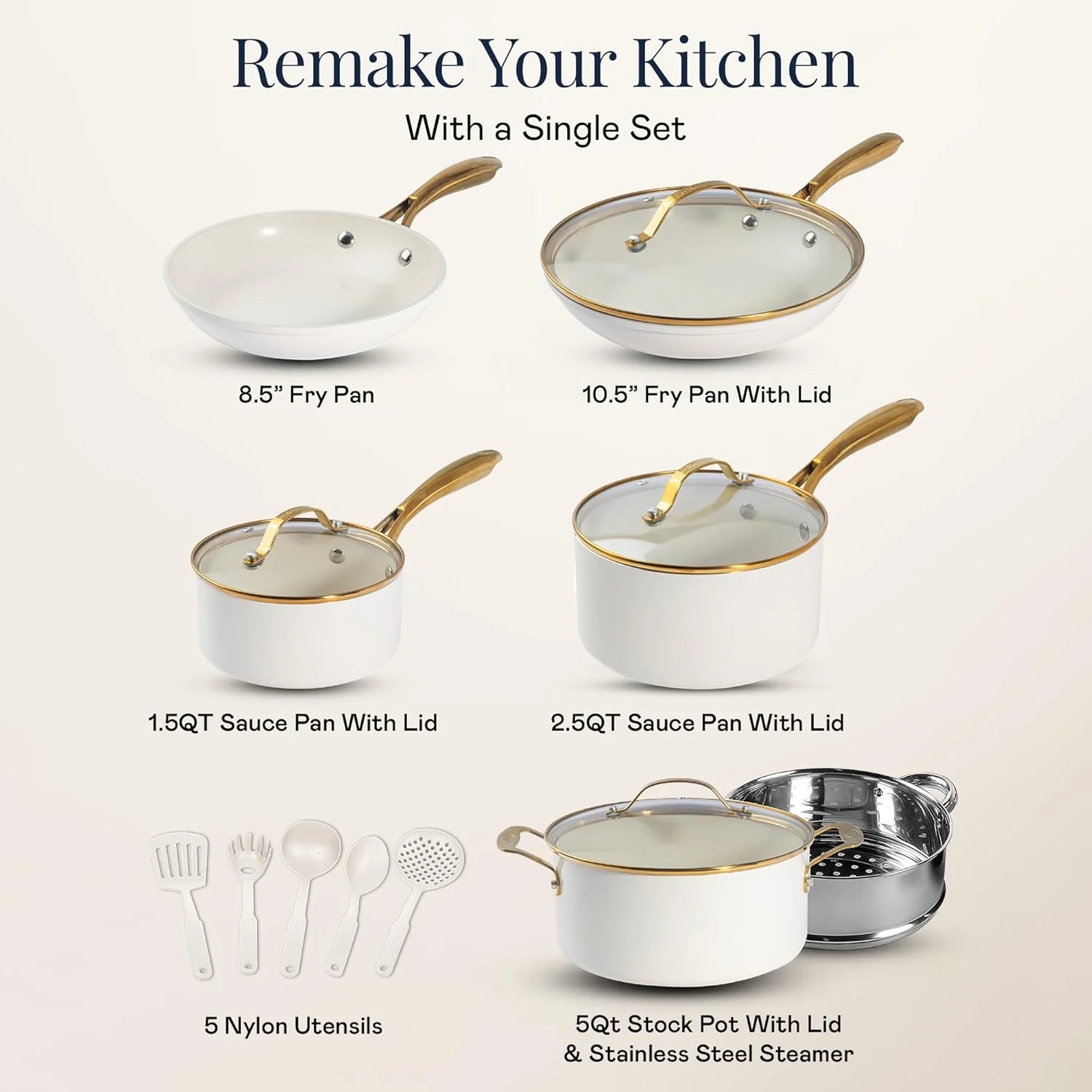 Gotham Steel 15 Pc Ceramic Cookware Set, Ceramic Pots and Pans Set Non Stick with Cooking Utensils and Steamer, Non Toxic, Premium Gold Stay Cool Handles, Oven & Dishwasher Safe