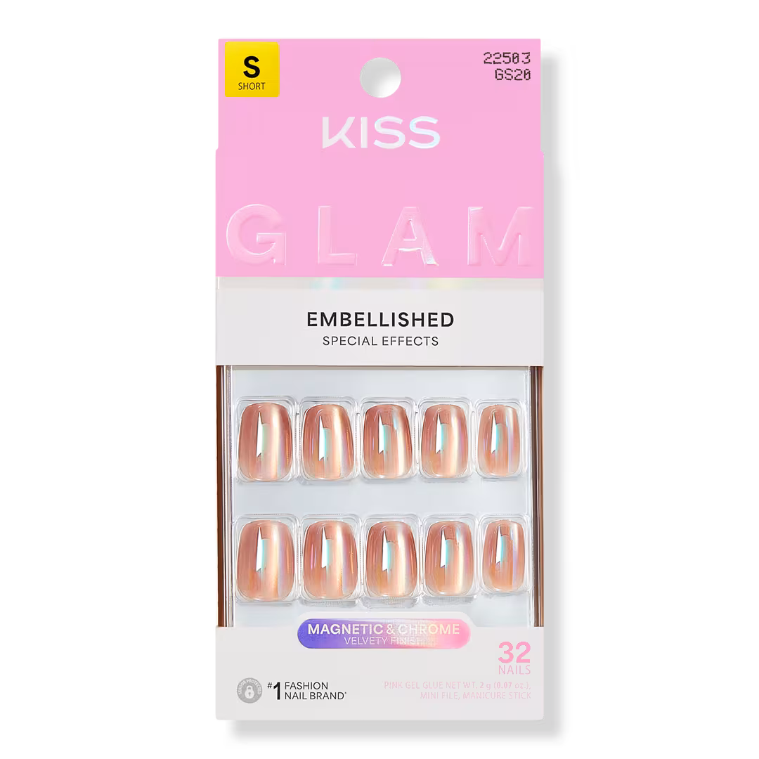 Kiss  Glam Embellished Short Squoval Press On Nails, Golden Hour Affairs
