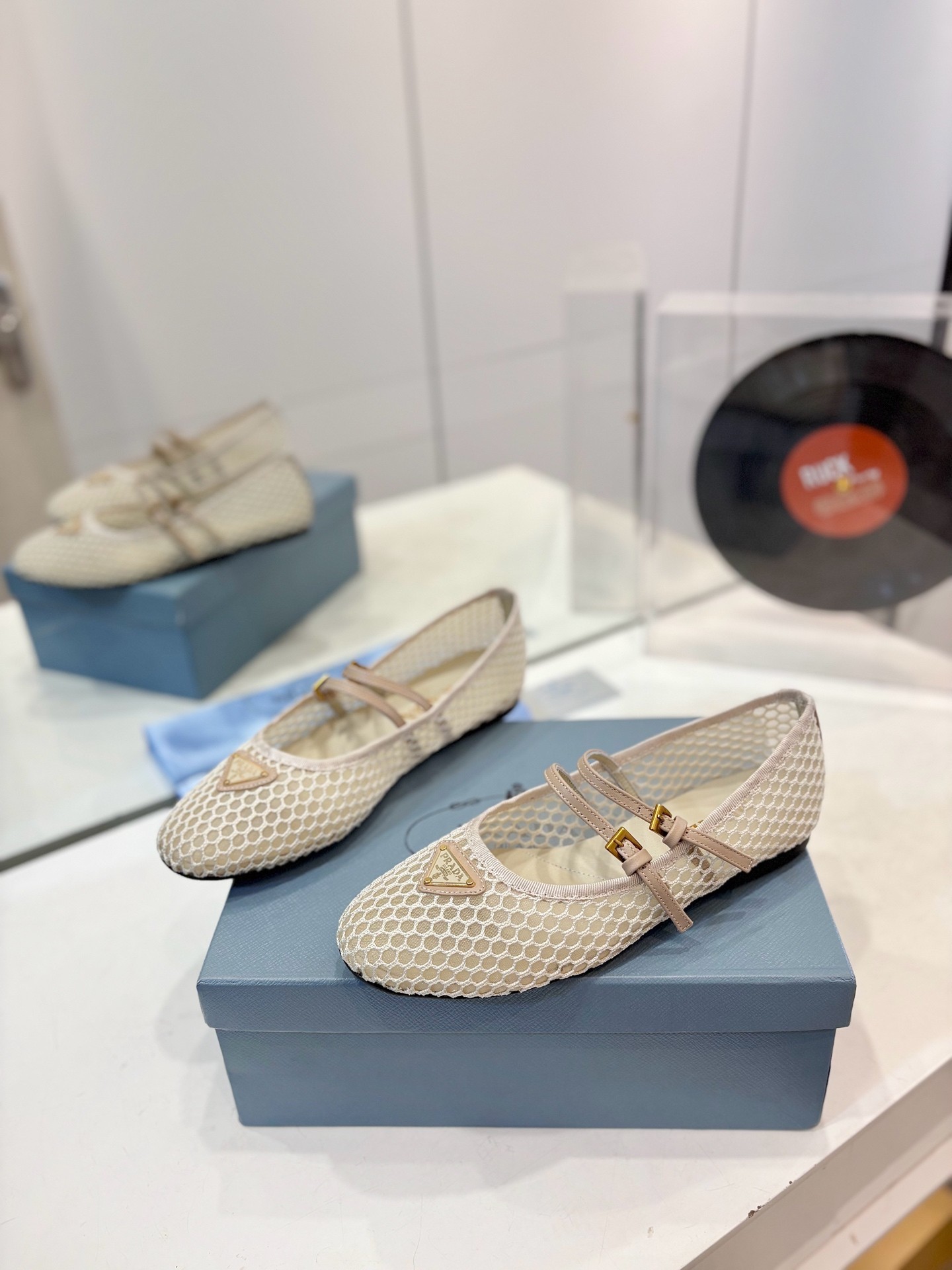 Prada Macramé mesh Mary Jane flats