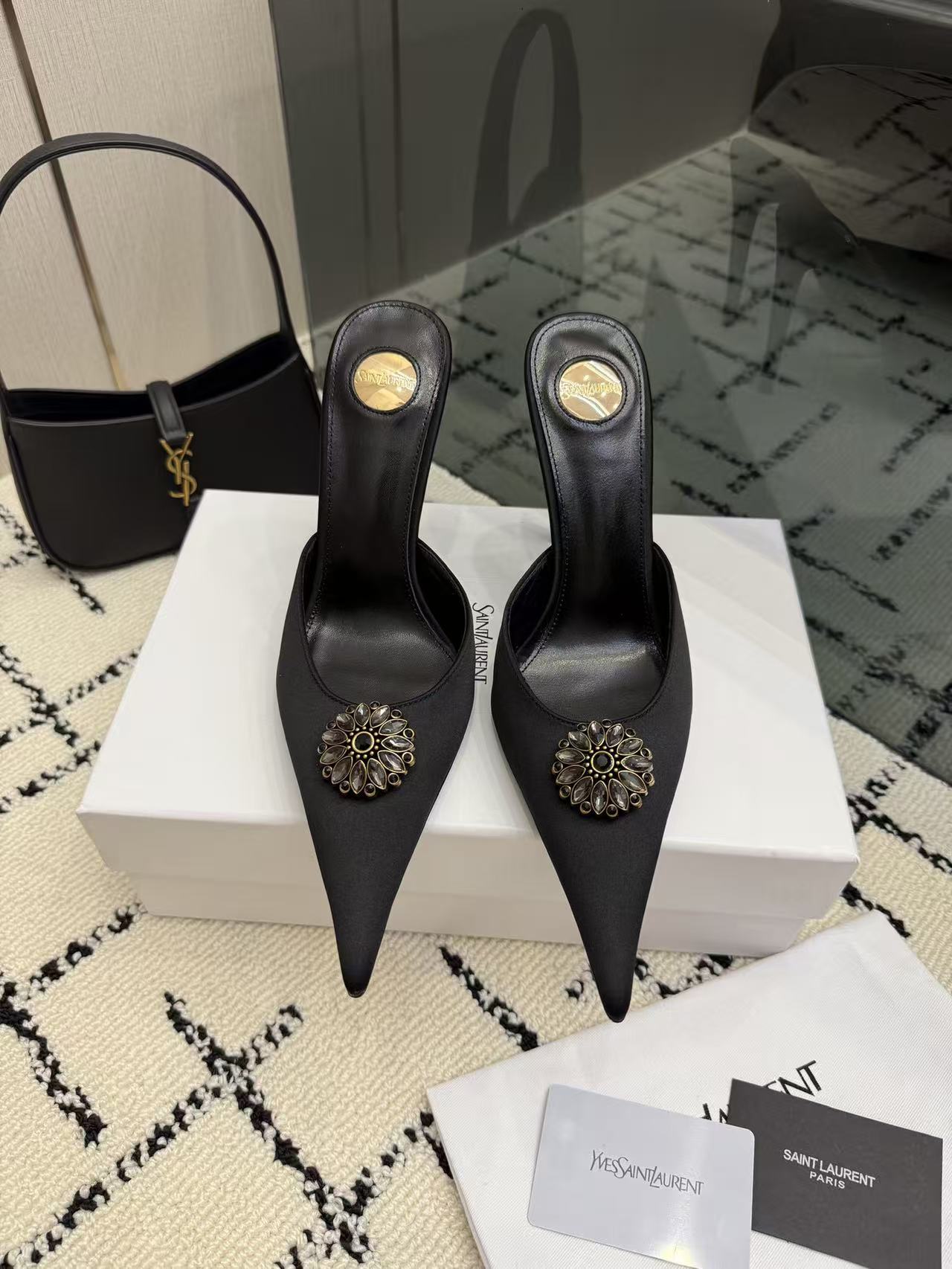 YSL Black Pointed Toe Satin Crystal Brooch Stiletto Heel Mules Sandals