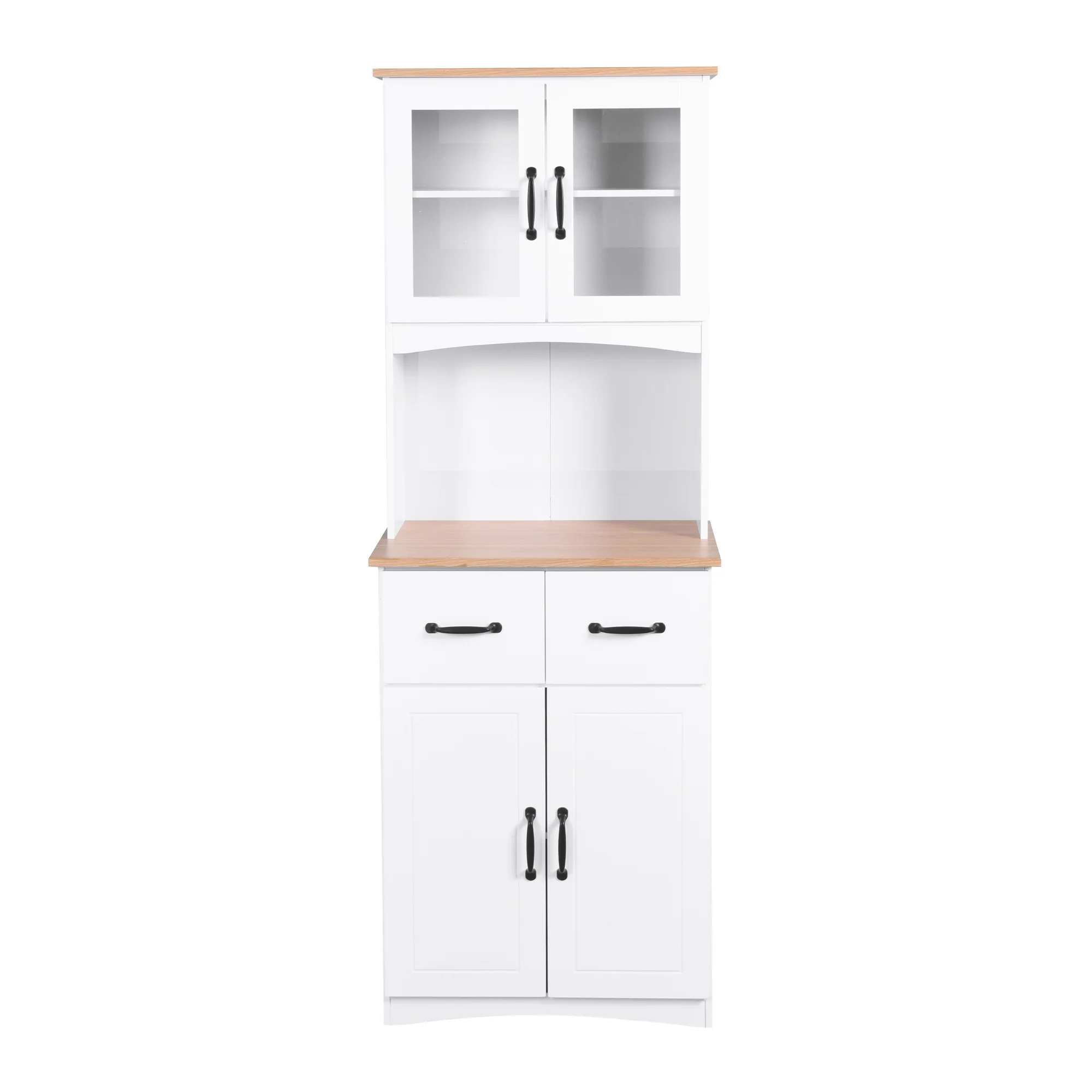 CQSXDA Tall Wooden Kitchen Cabinet with Top and Bottom Enclosed Cabinet Space��2 Drawers, Kitchen Pantry Storage Cabinet ��Open Space for Microwave, (White)