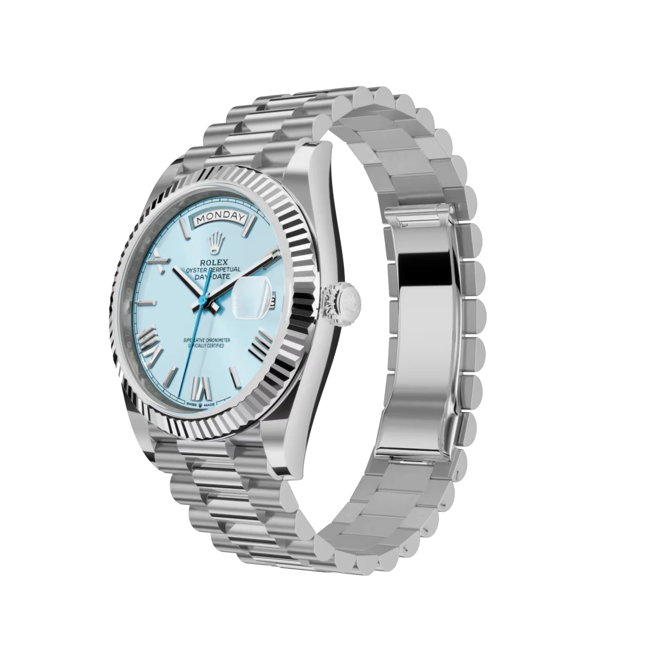Rolex Day-Date: Platinum with an ice-blue dial, Fluted bezel and a President bracelet, m228236-0012